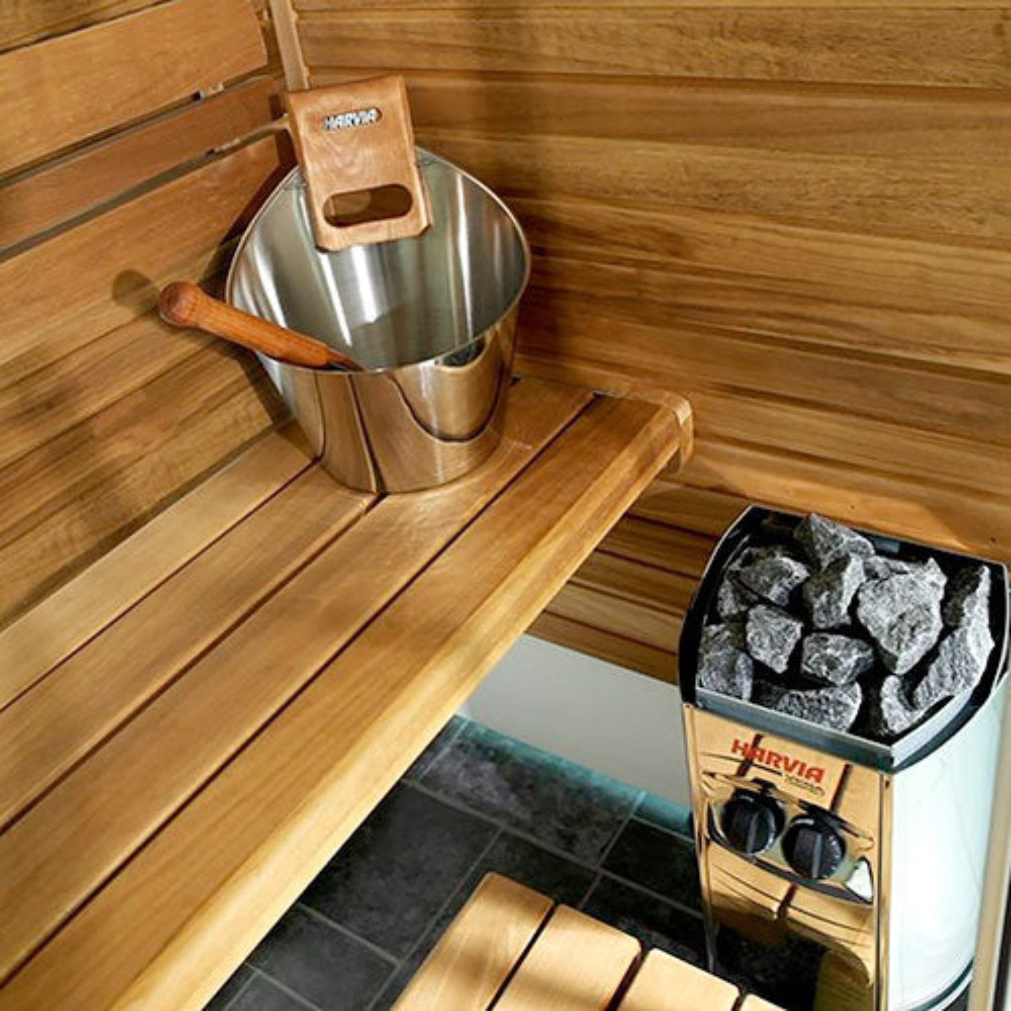 Harvia Vega Compact electric sauna heater — alternate view showing compact profile and heating elements