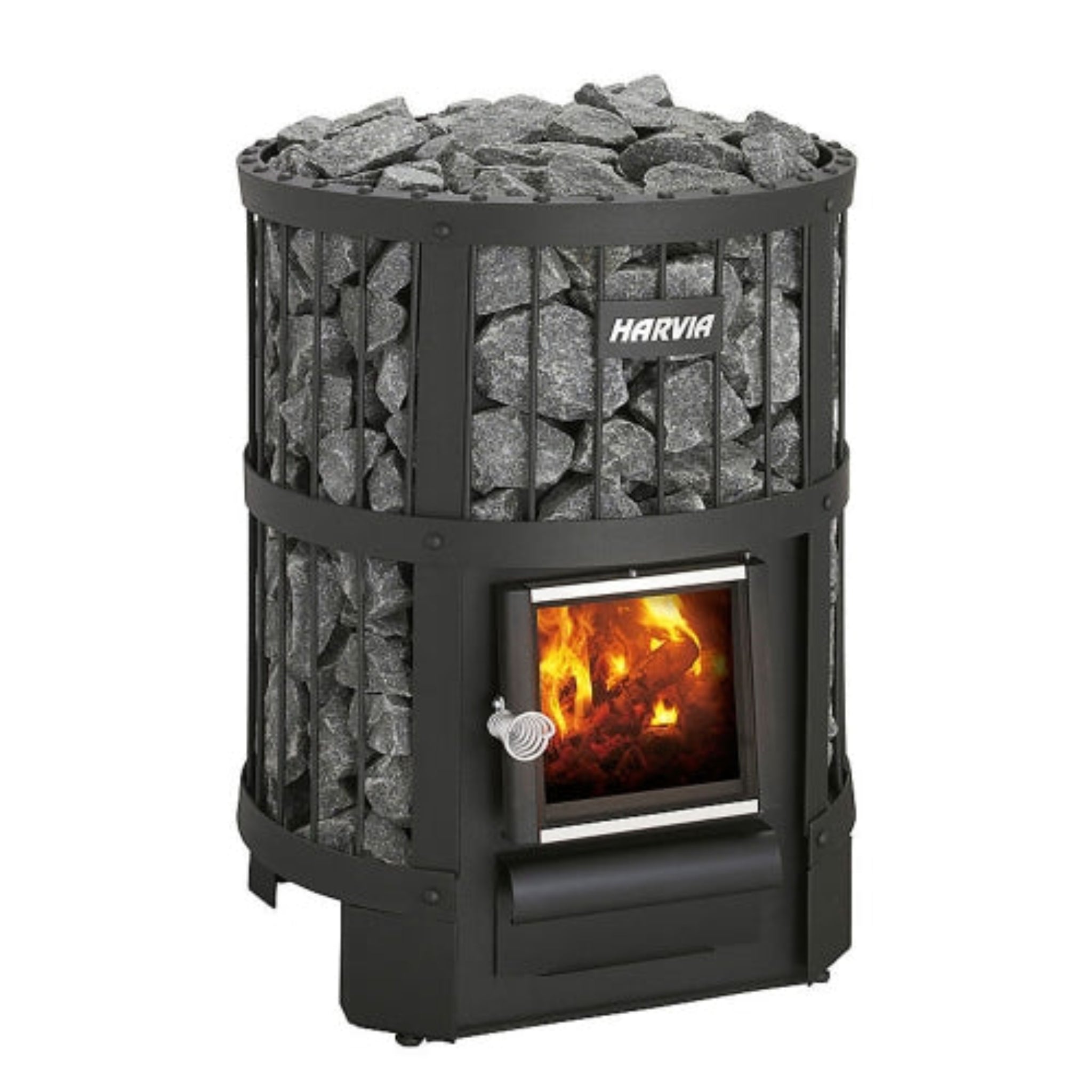 Harvia Legend 150 23.5kW wood-burning sauna stove — front view showing stainless steel body and stone basket