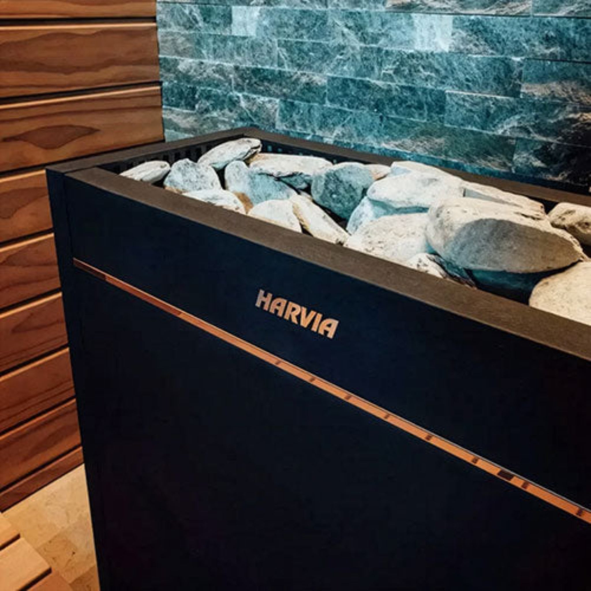 Harvia Virta Pro HL200E 20kW Sauna Heater – side profile view showing stone chamber and heating elements