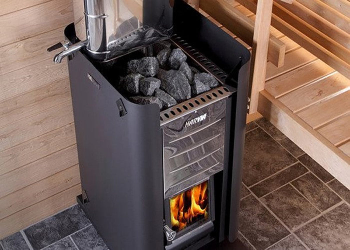 Harvia WL850 Protective sheath on sauna stove in a sauna with visible flames and hot rocks.