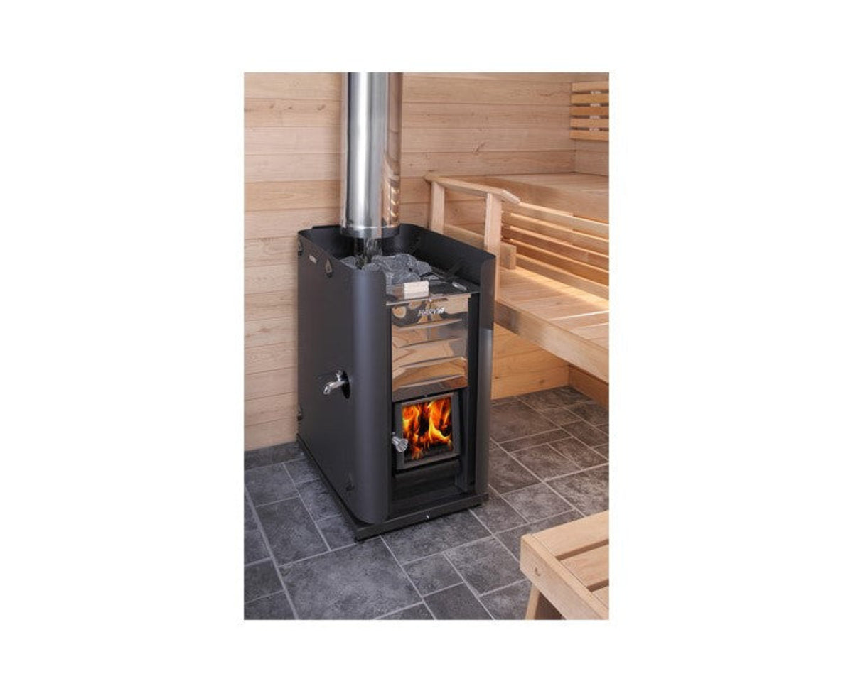 Harvia WL850 Protective sheath on sauna stove in a sauna with visible flames and hot rocks in a sauna room
