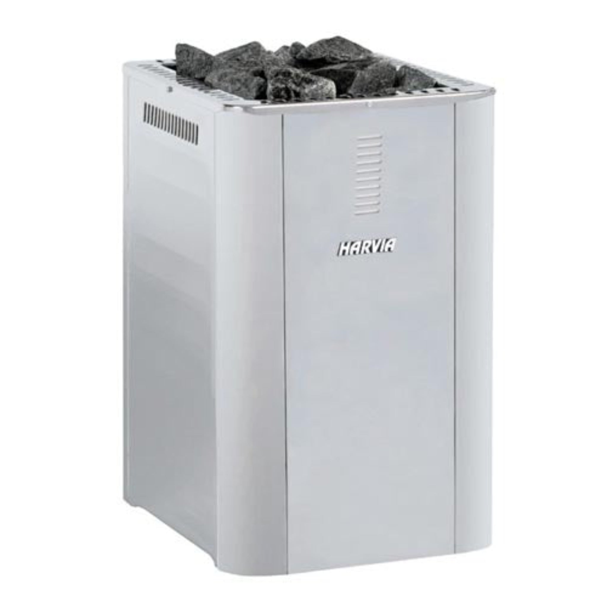 Harvia 36 Duo wood-burning sauna stove — front view showing stainless steel body and stone basket
