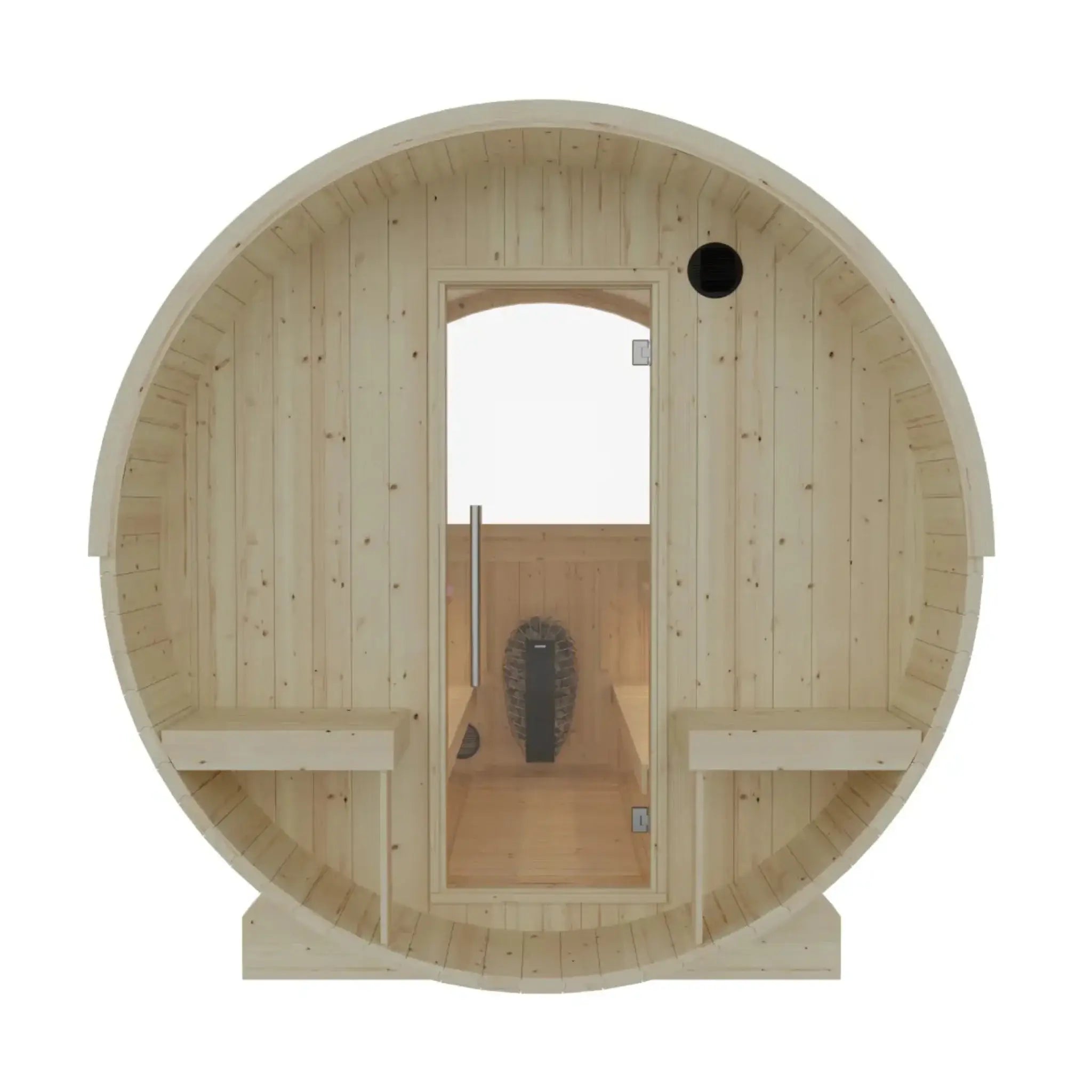 Helsinki Finnish Barrel Sauna front view with heater on white background