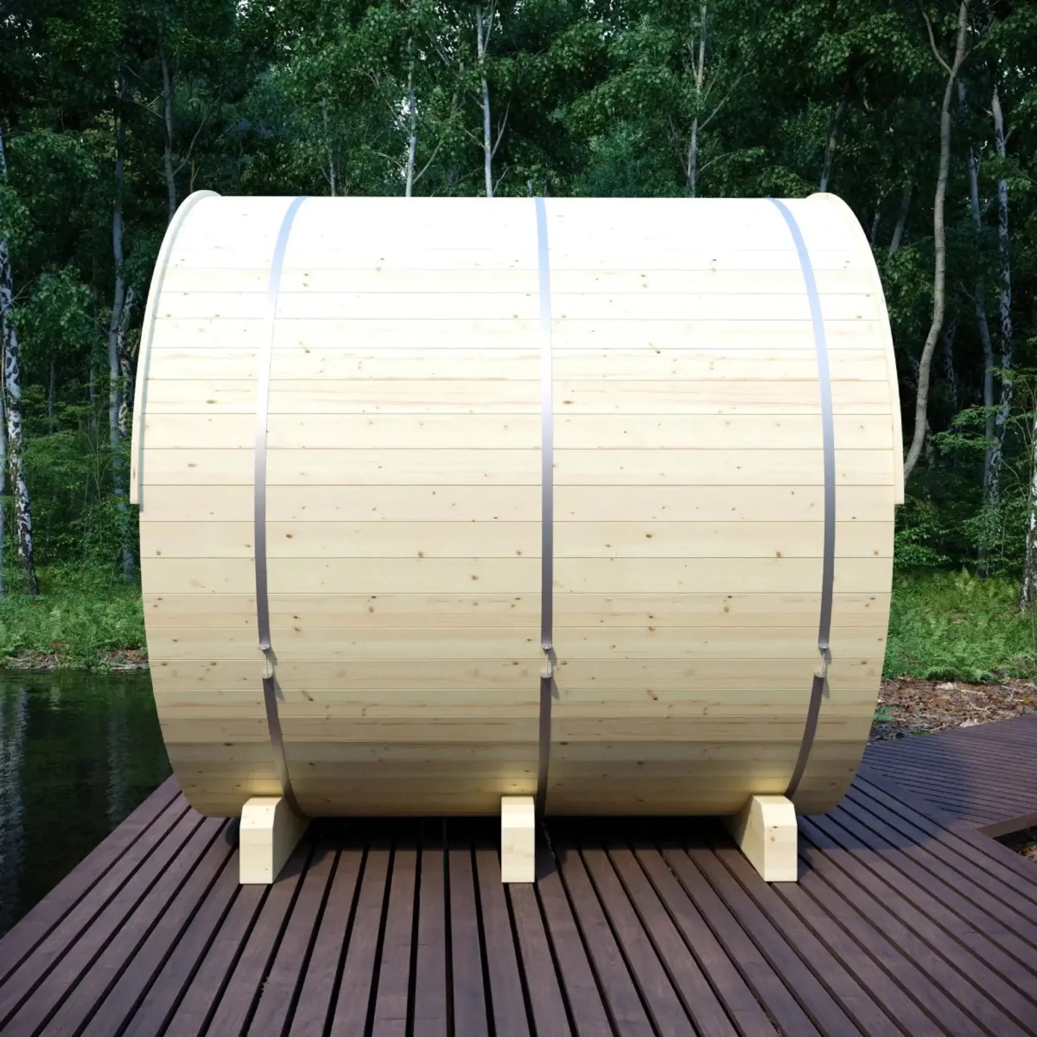 Helsinki Finnish Barrel Sauna lifestyle view side in lakeside setting