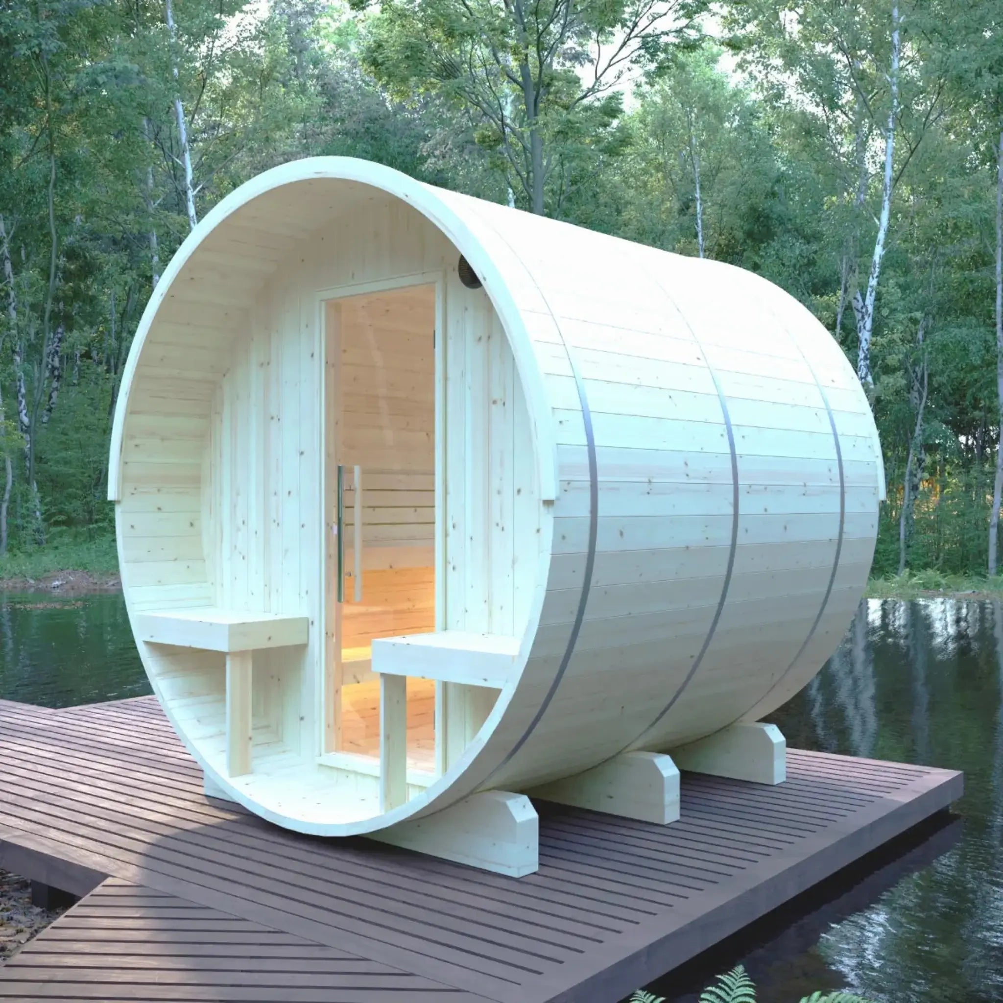 Helsinki Finnish Barrel Sauna front angle view on a lake