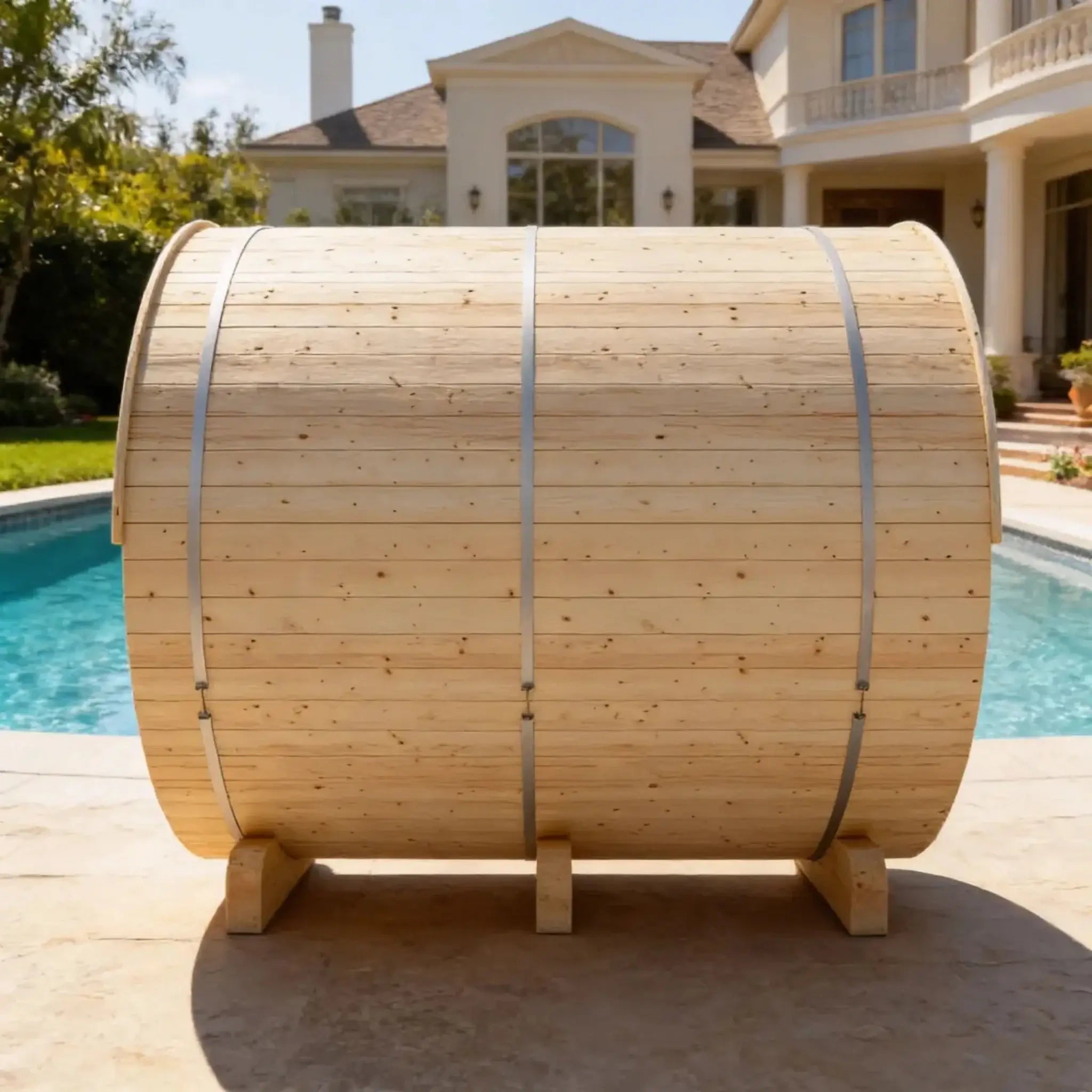 Helsinki Finnish Barrel Sauna side view in backyard setting