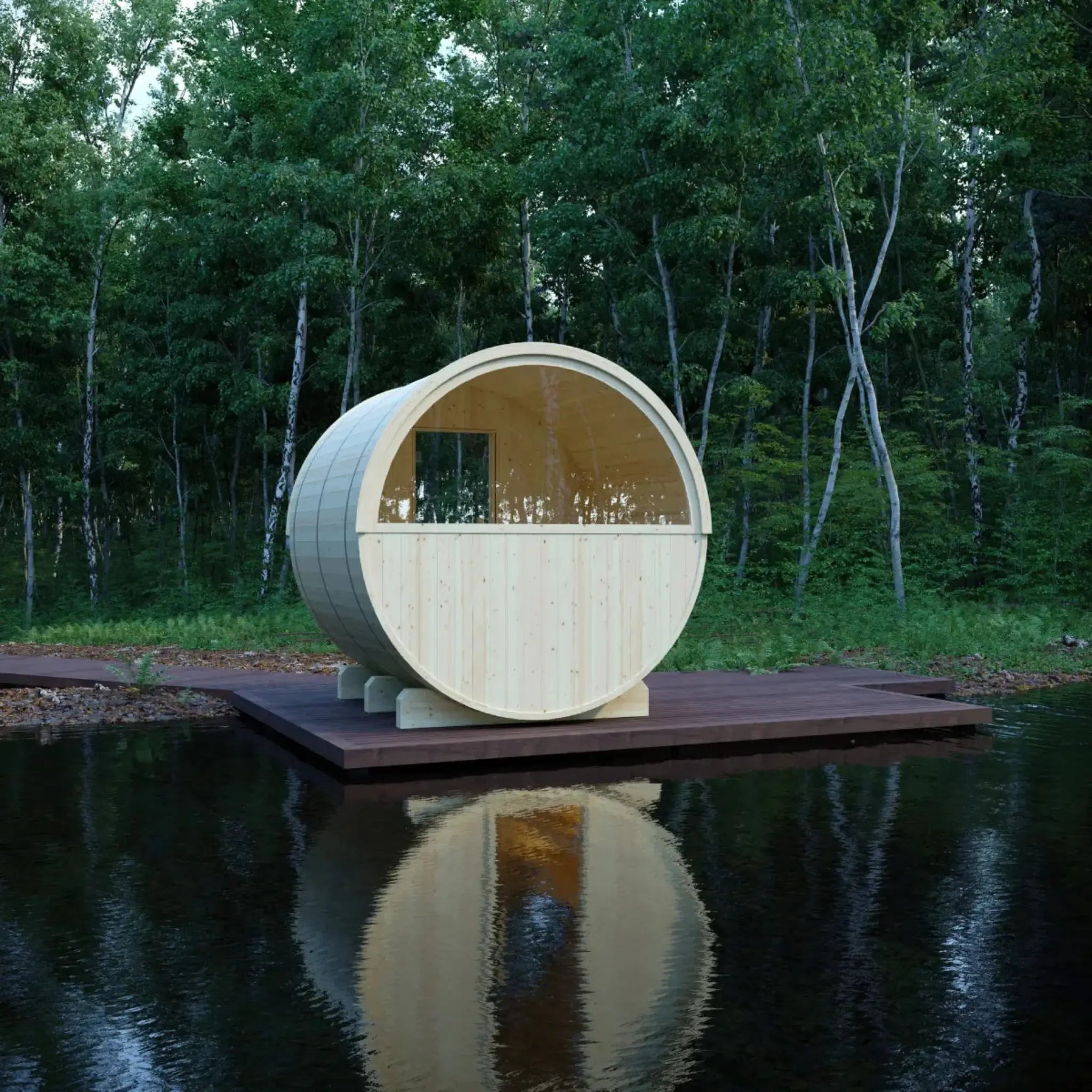 Helsinki Finnish Barrel Sauna back window view overlooking a lake