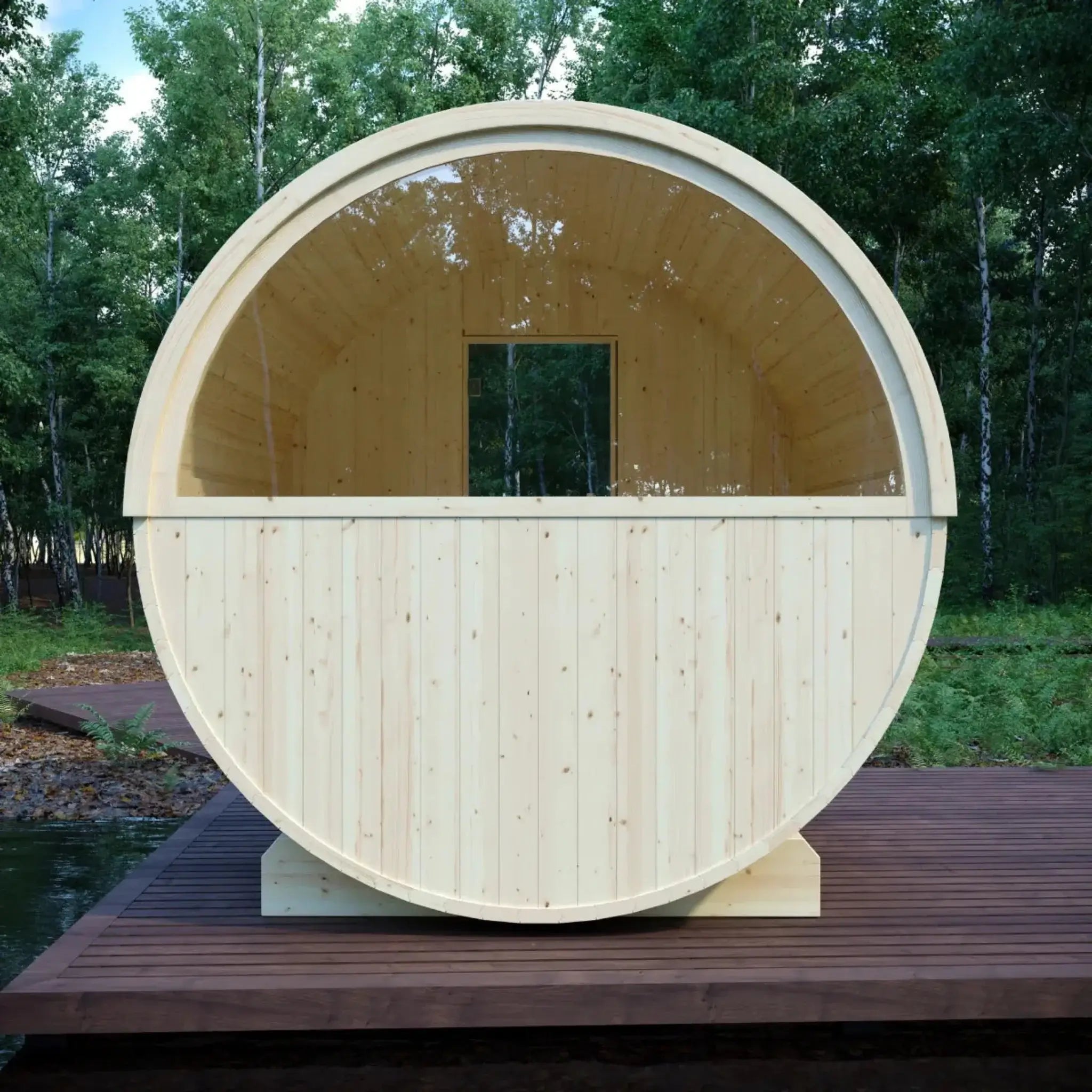 Helsinki Finnish Barrel Sauna lifestyle view window on a lake
