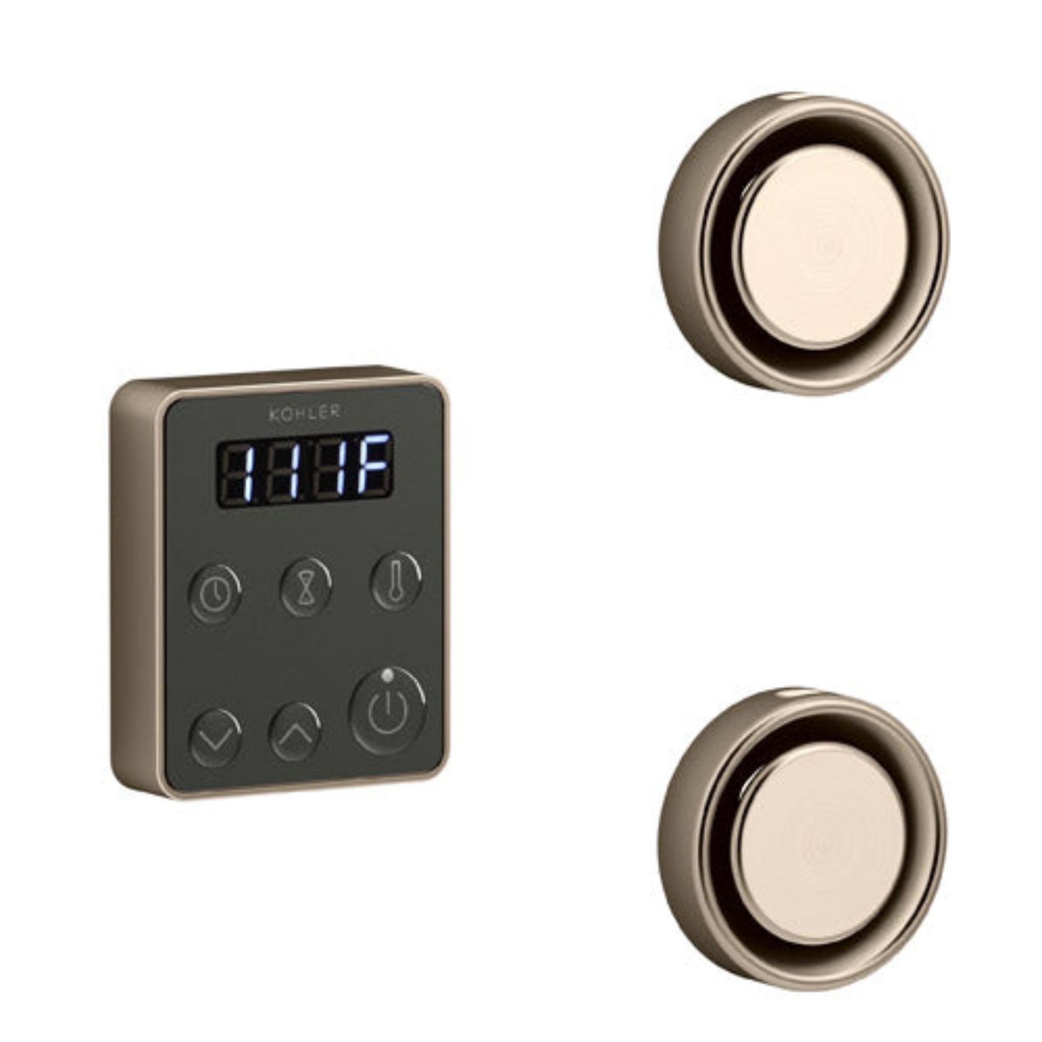 Kohler steam generator control kit featuring digital display and dual steam control buttons.