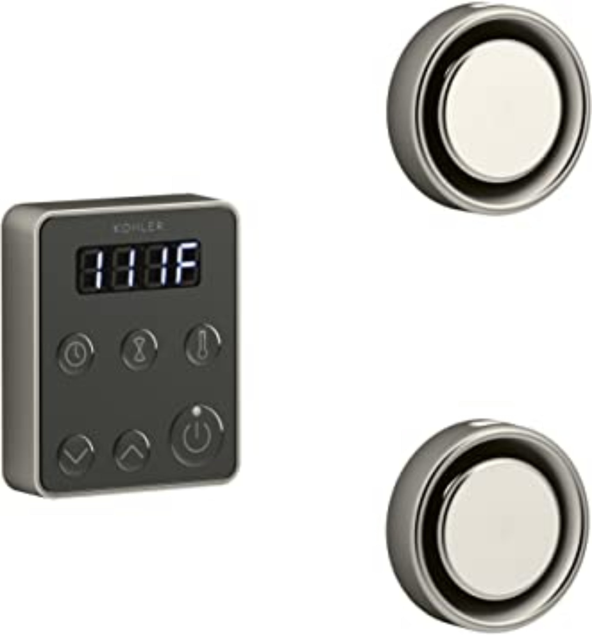 Kohler steam generator control kit with digital display and two control buttons for steam session settings.
