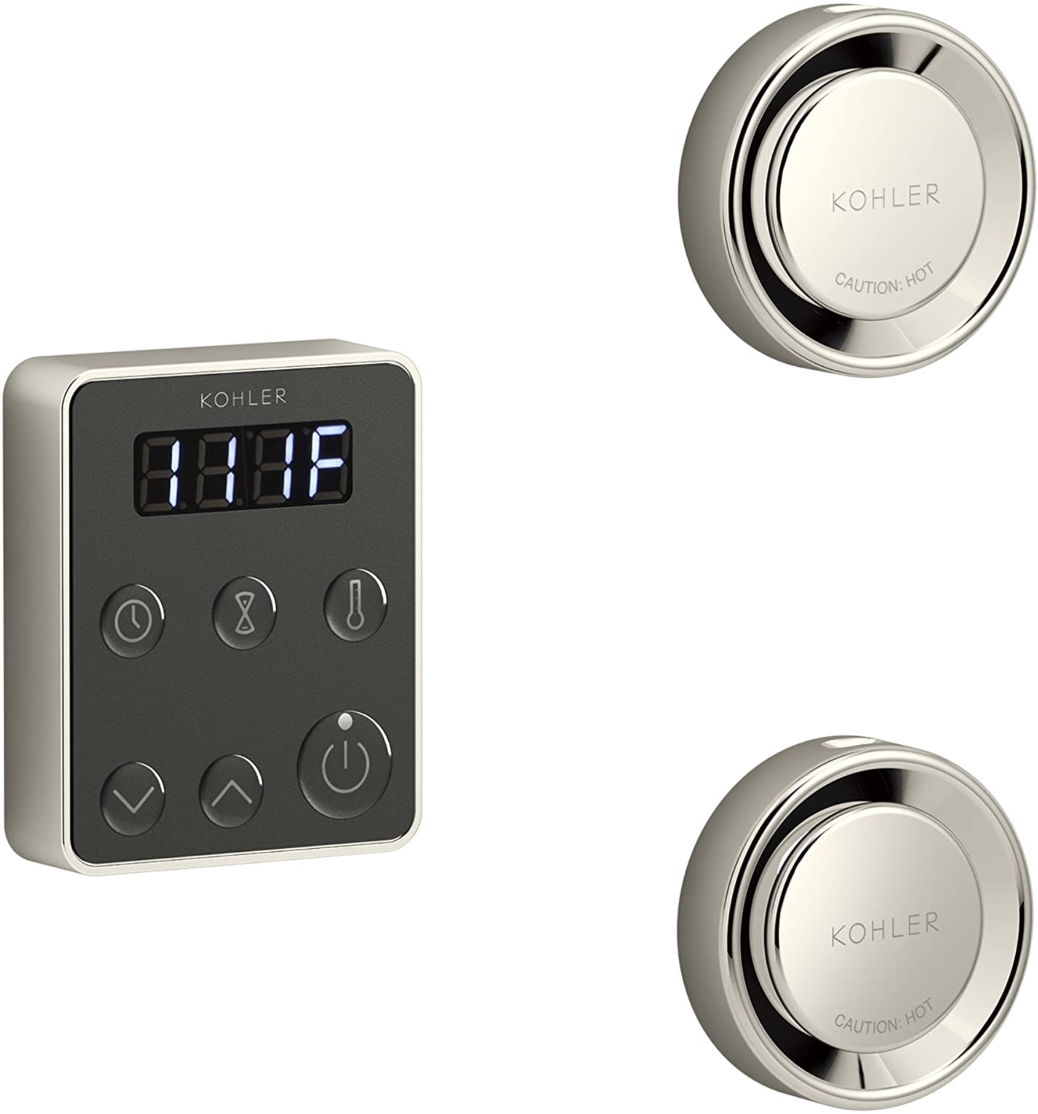 Kohler steam generator control kit featuring digital display and dual steam control buttons.