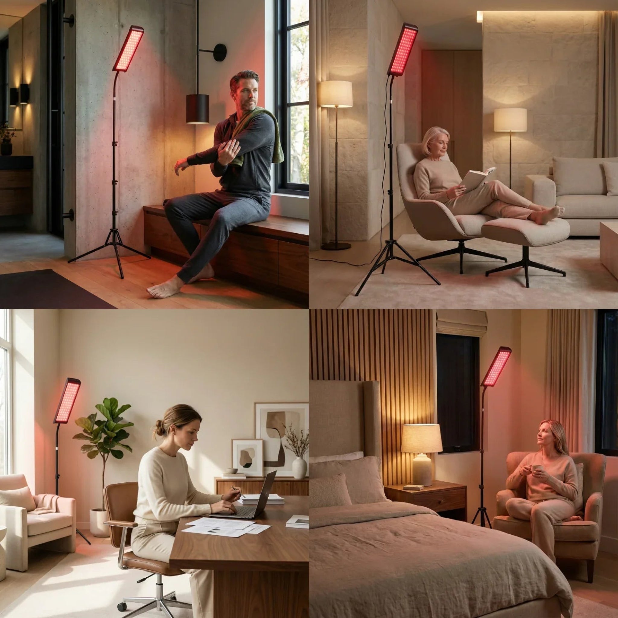 Collage of a person using a red light therapy lamp in various indoor settings.