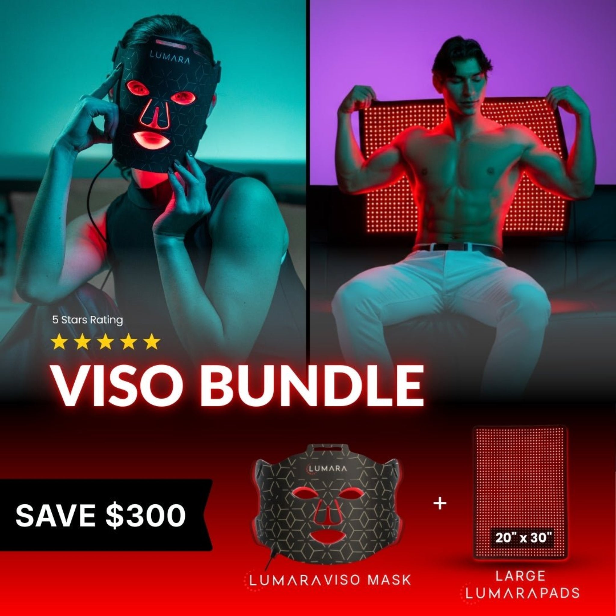 Promotional image of a 'Viso Bundle' with a mask and LED pads, featuring a 5-star rating and price savings.