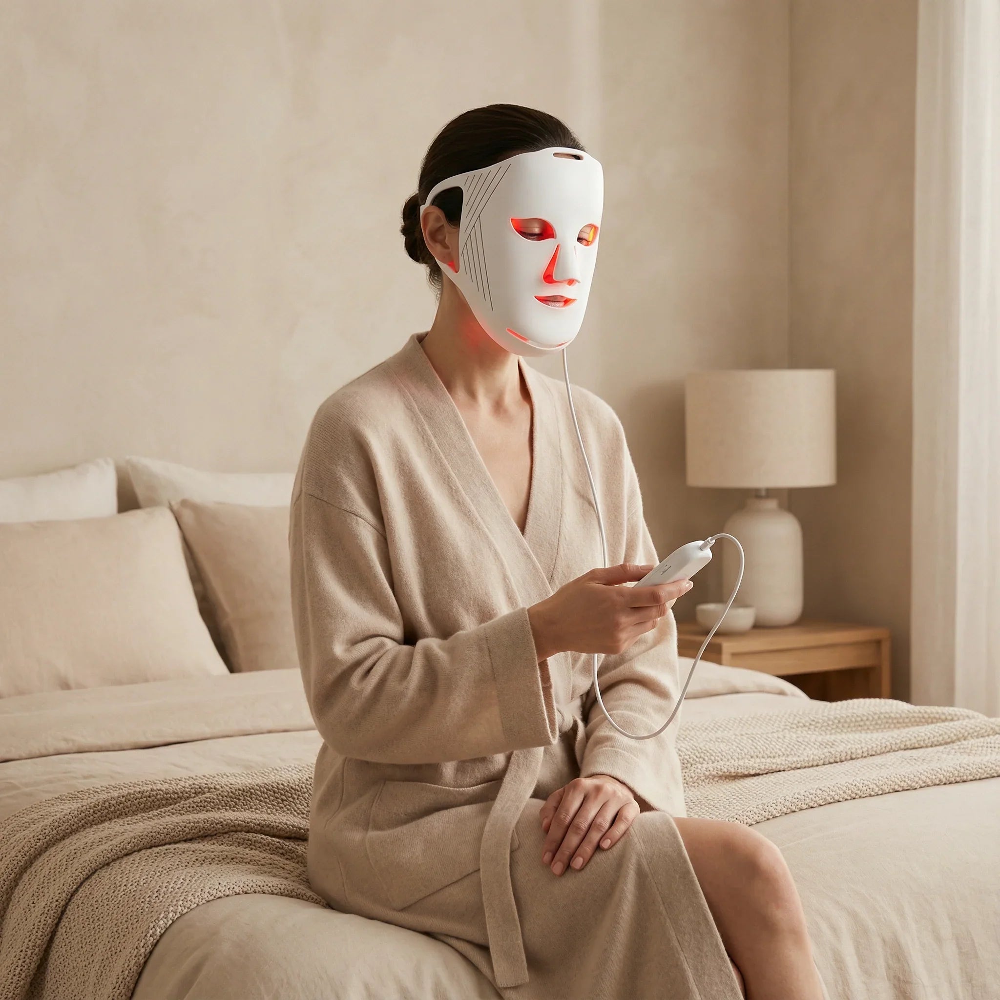 Person wearing a Nicebeam LED face mask in a bedroom setting