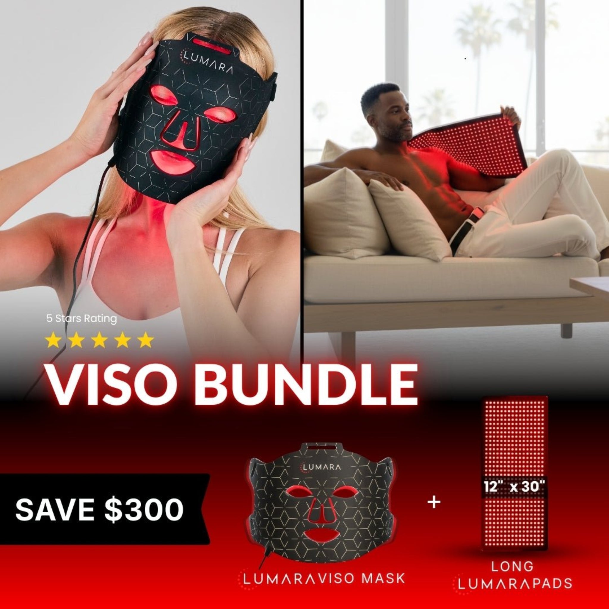Promotional image of a VISO Bundle with a mask and pads, featuring two people using the product.