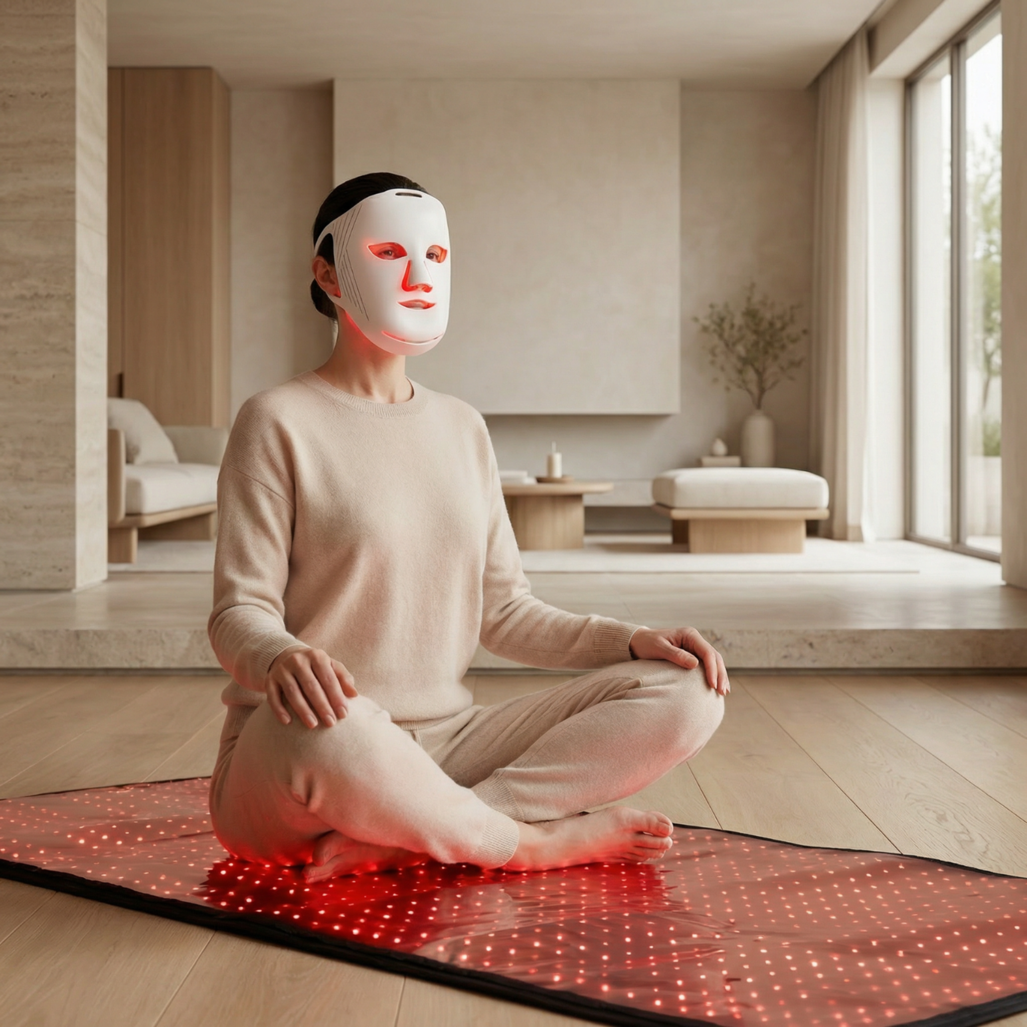 Nicebeam Red Light Therapy Bundle | Full Body Mat + Hat, Mask, Lamp or Bag - Woman using red light therapy mask on a mat.