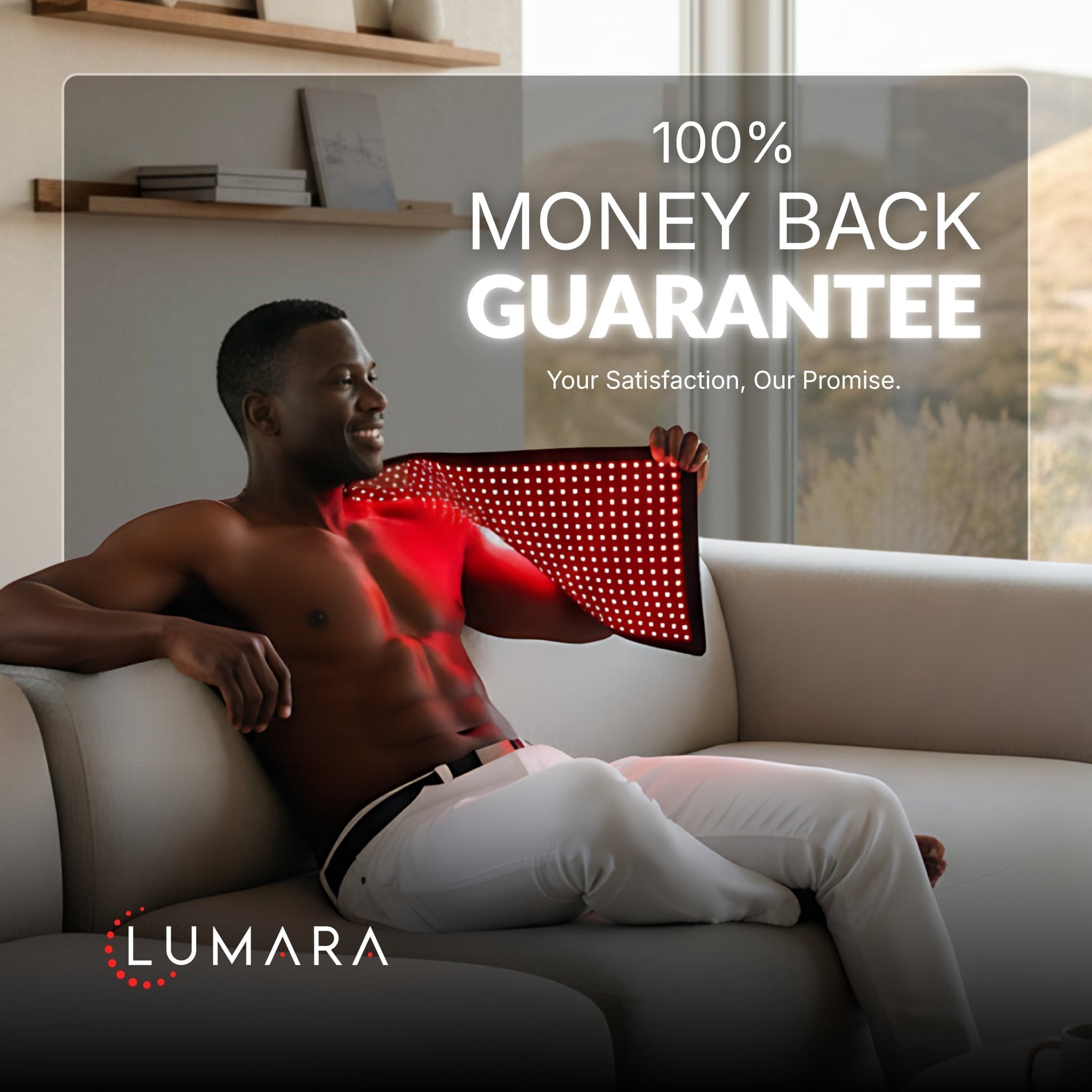Man using a LED therapy blanket with 'LUMARA' branding and money back guarantee text.