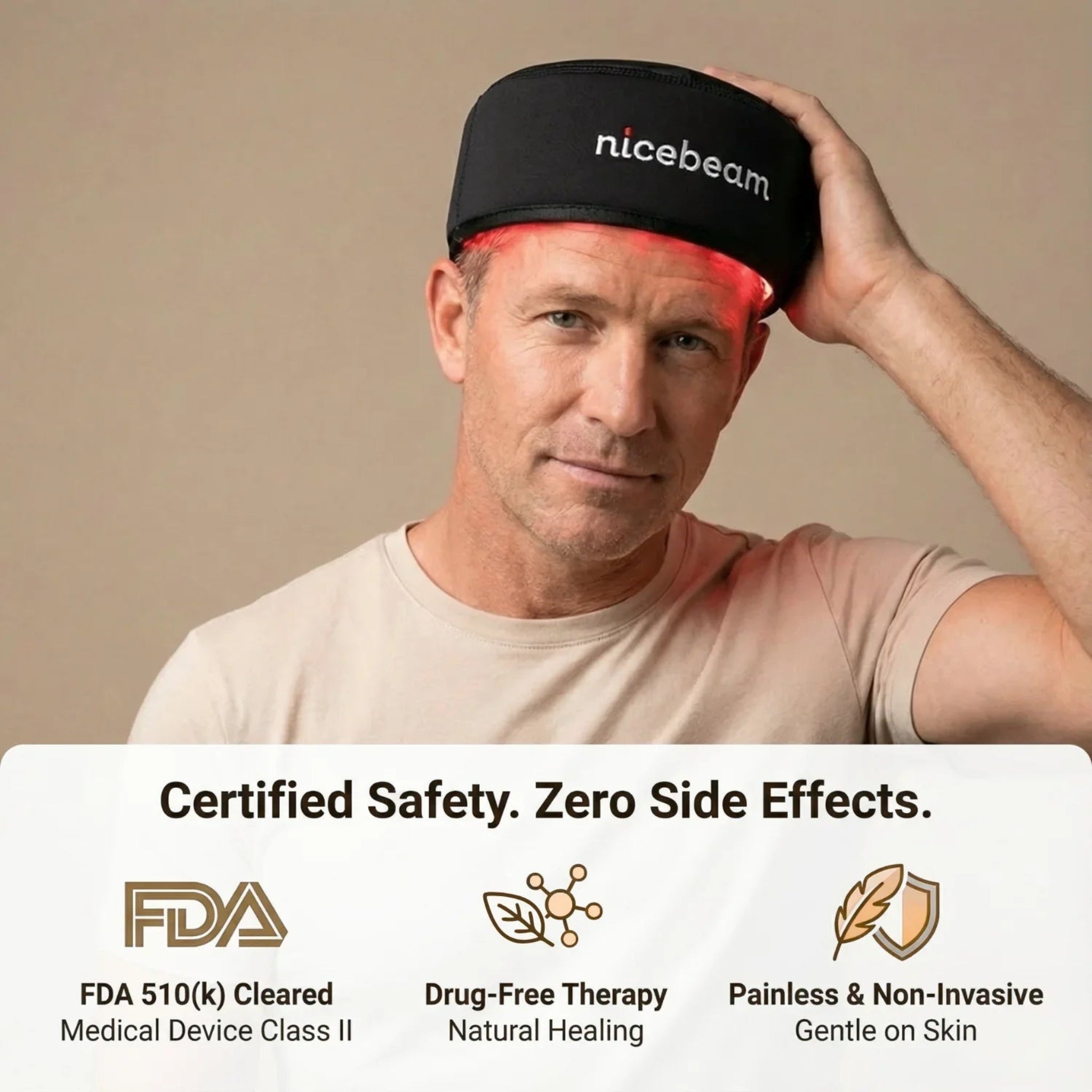 Man wearing a black 'nicebeam' device on his head with promotional text about safety and effects.