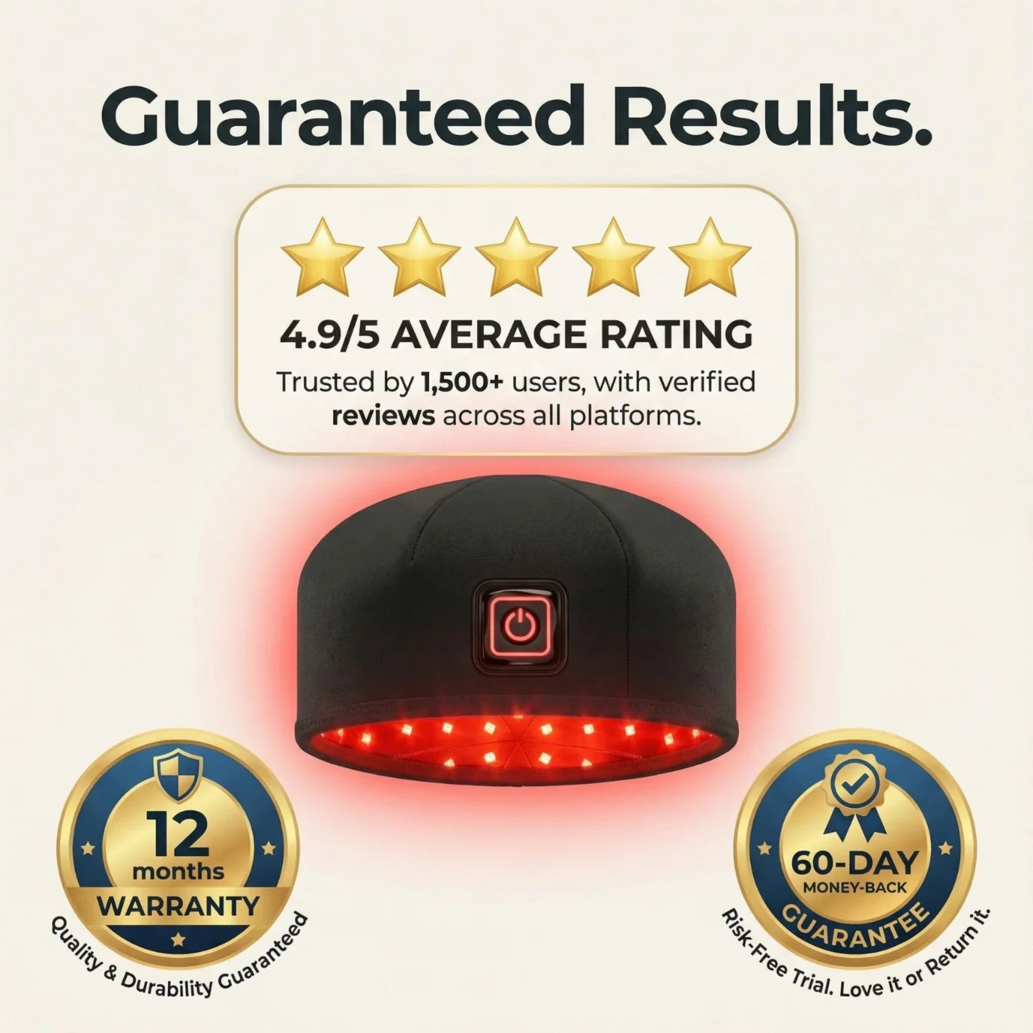 Nicebeam hat with red lights and certification badges on a light beige background