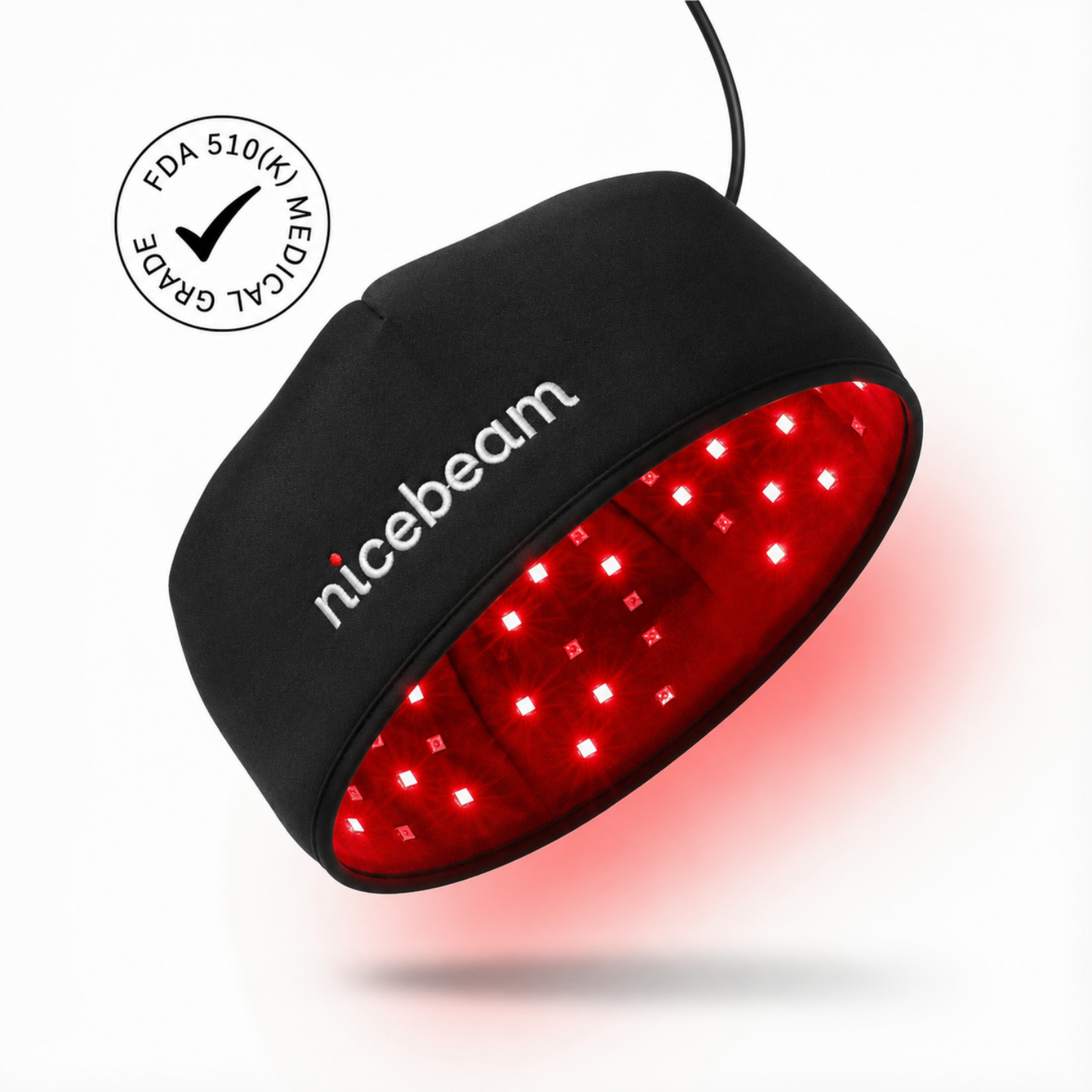 Nicebeam hat with red LED lights on a white background