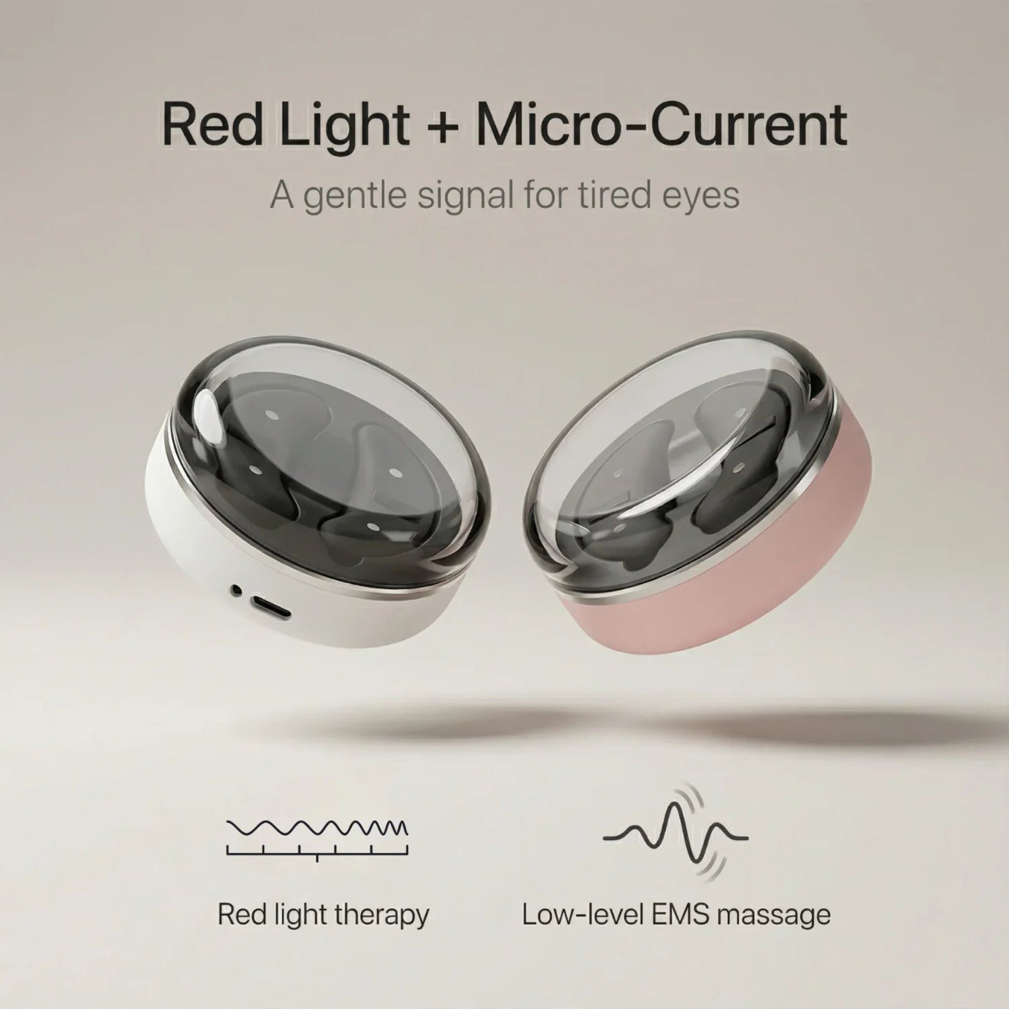 Two eye devices with text describing red light therapy and micro-current massage on a beige background.