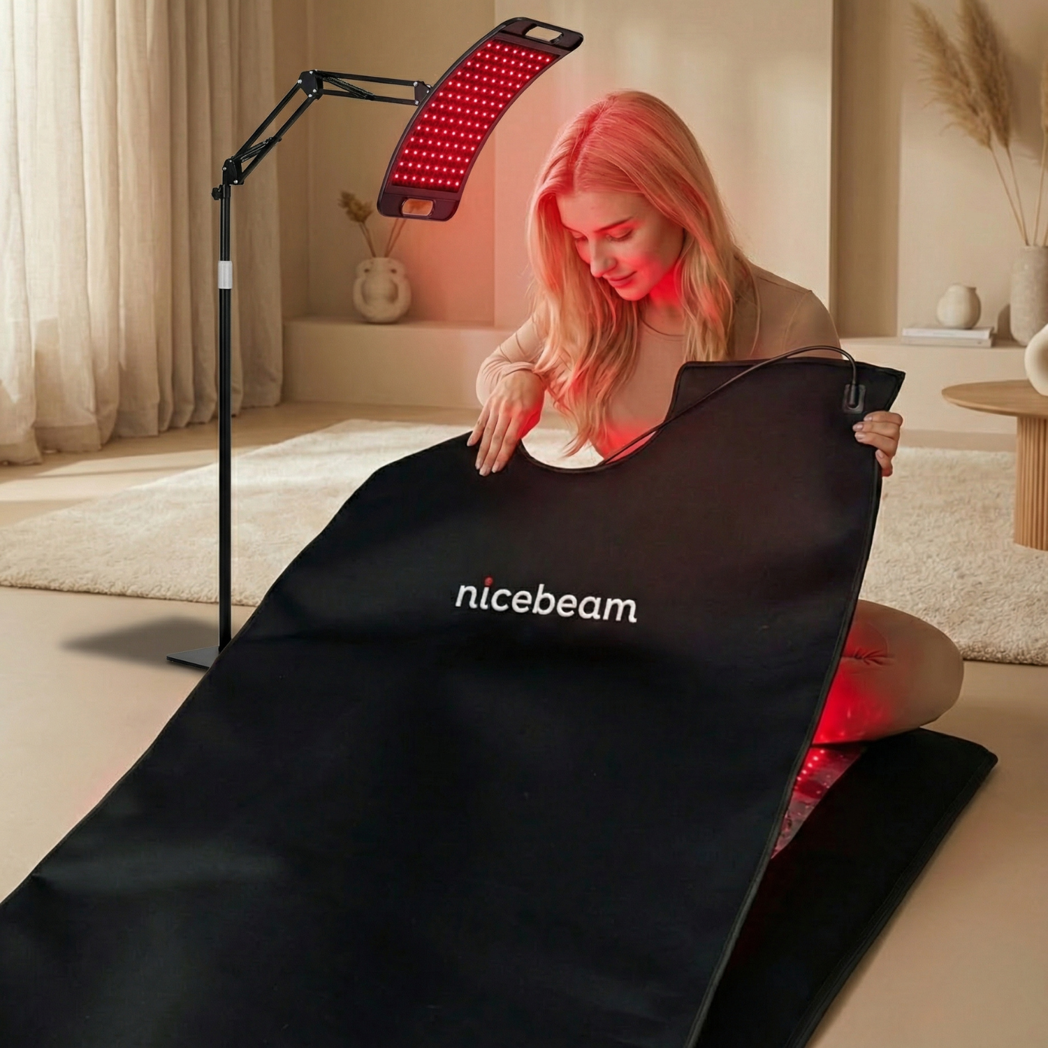 Nicebeam Sleep Recovery Lamp Bundle showcasing red light therapy in use with adjustable lamp and therapy mat.