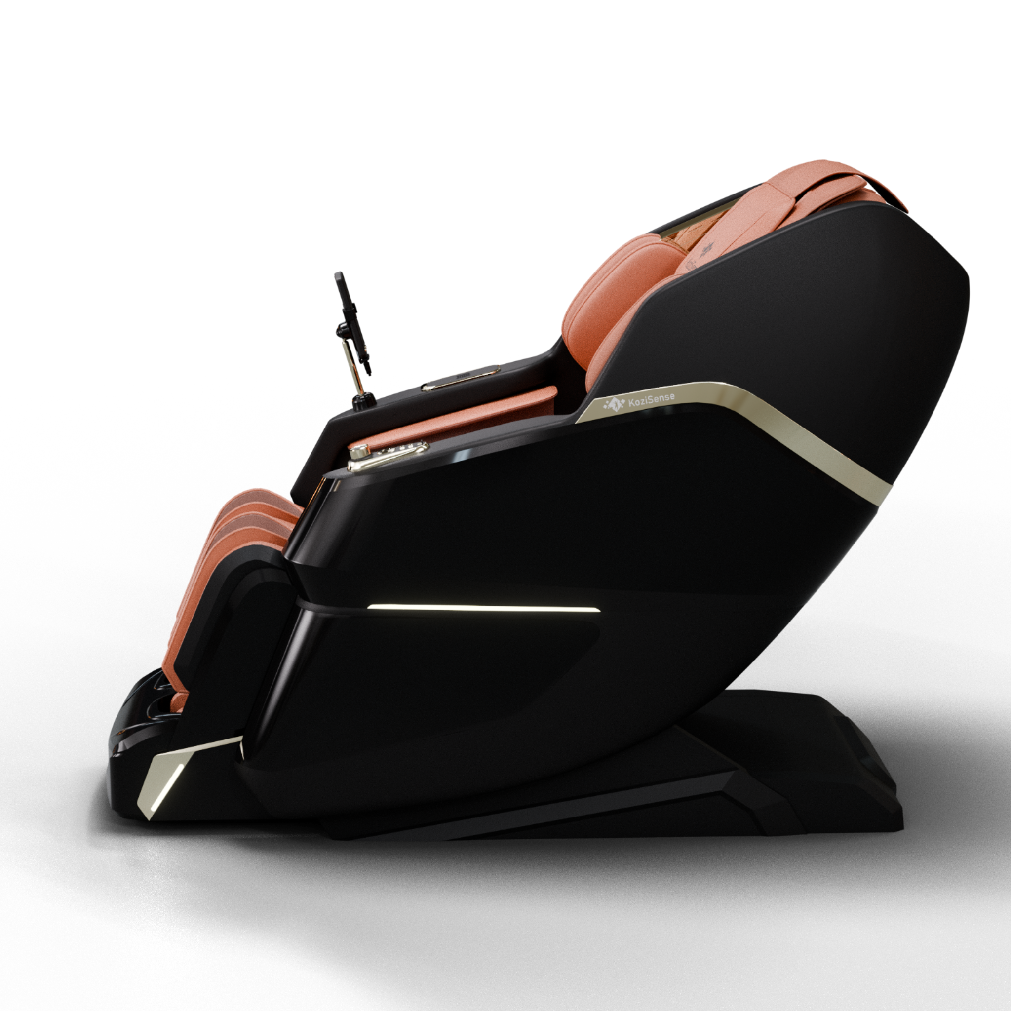 "KoziSense KZ605 4D luxury massage chair in brown with SL-track, zero gravity recline, and LED ambient lighting."