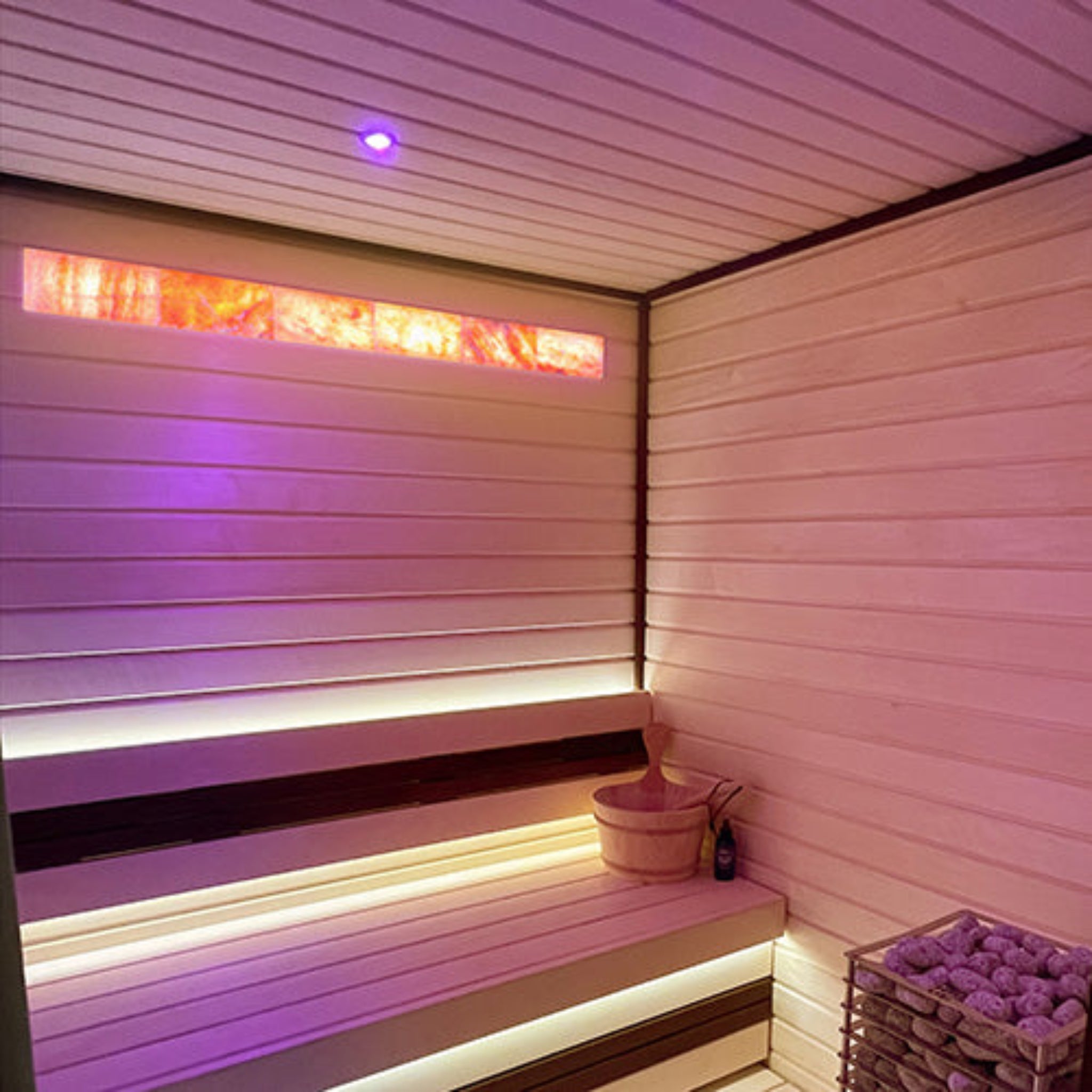 Infrared sauna with PROSAUNAS Small Himalayan Salt Light Feature and wooden bench