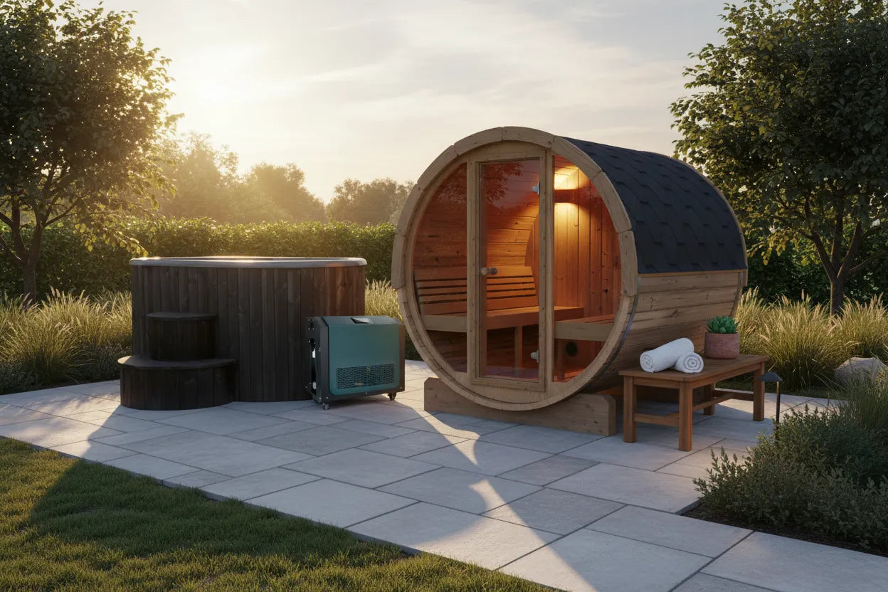 Outdoor home sauna with cold plunge pool in a backyard setting