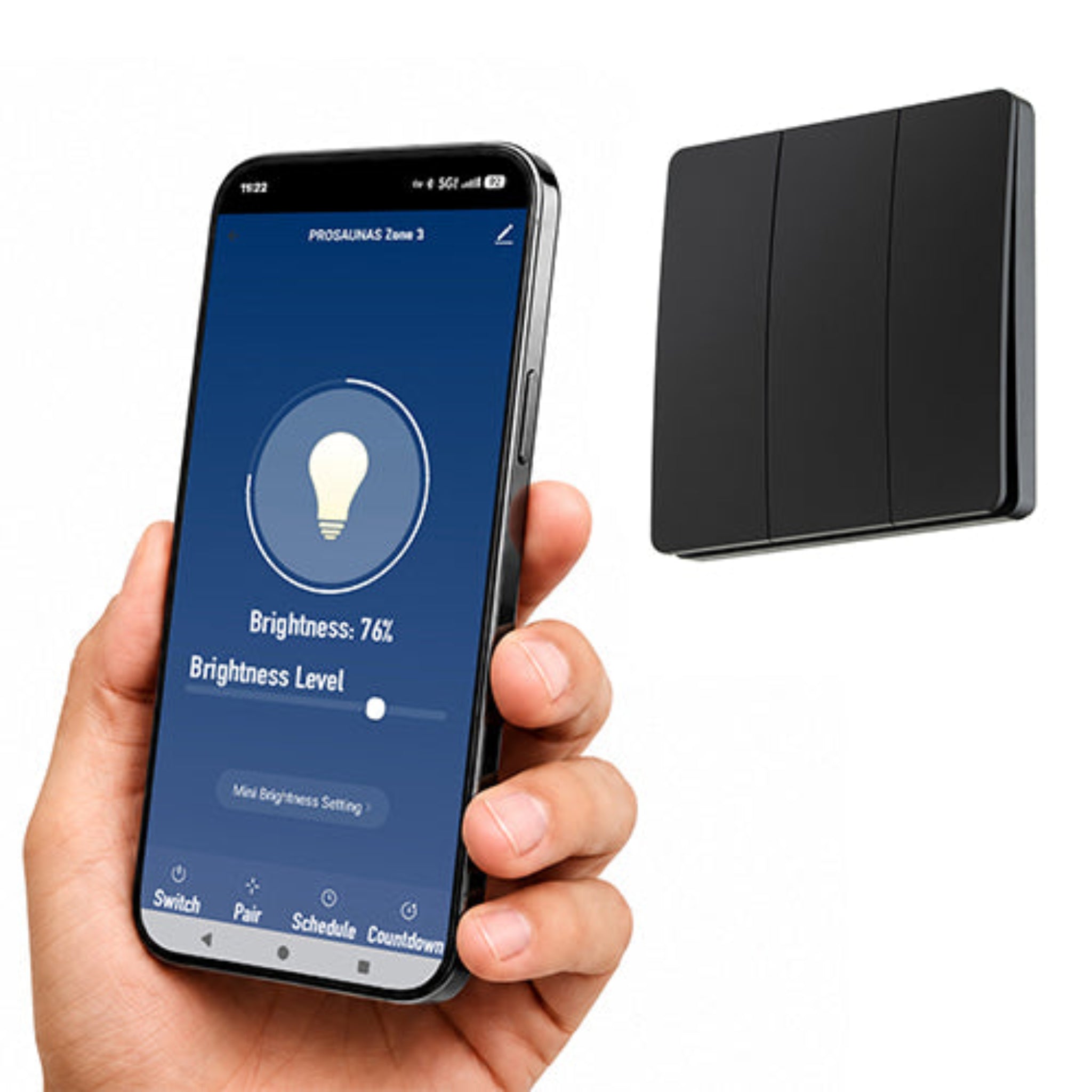 A hand holds a smartphone displaying a smart lighting app interface next to a black dual-switch light fixture on a plain white background.
