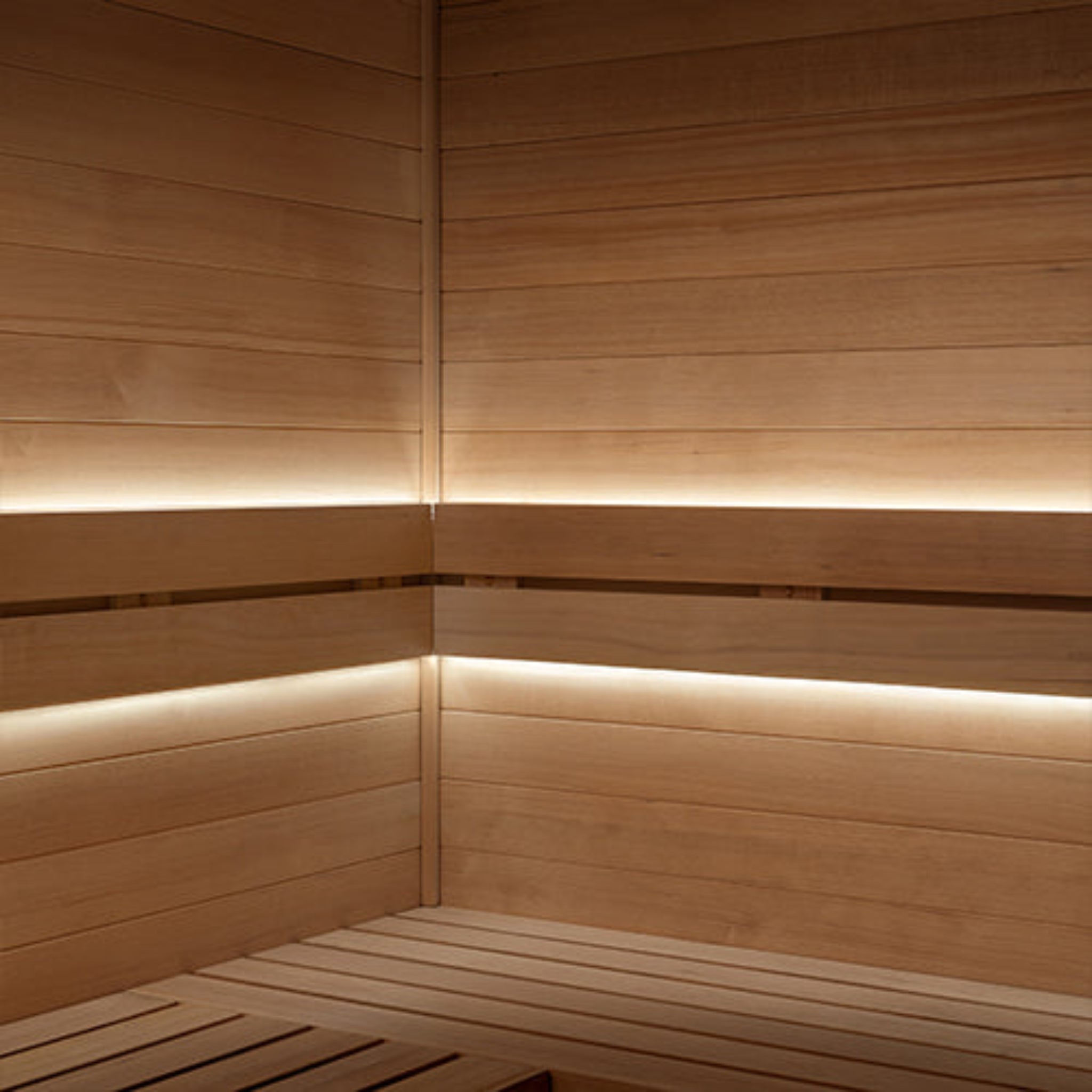 Wooden sauna interior with Prosaunas led lights