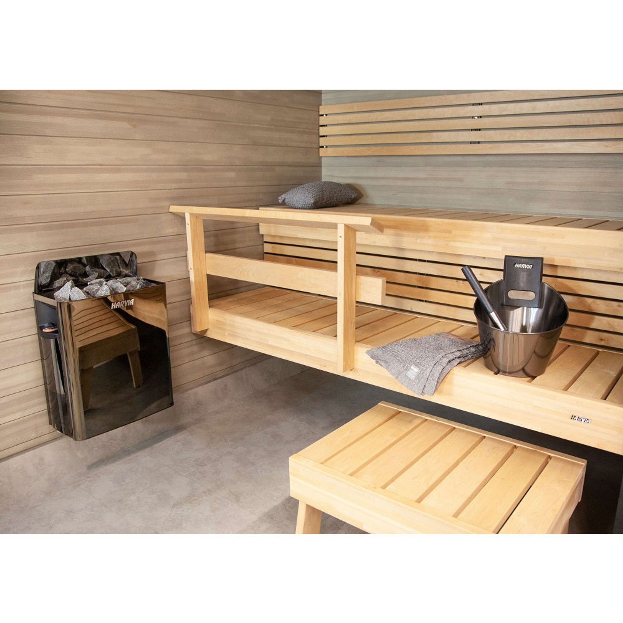 Harvia Steel sauna accessories set — black steel finish lifestyle view