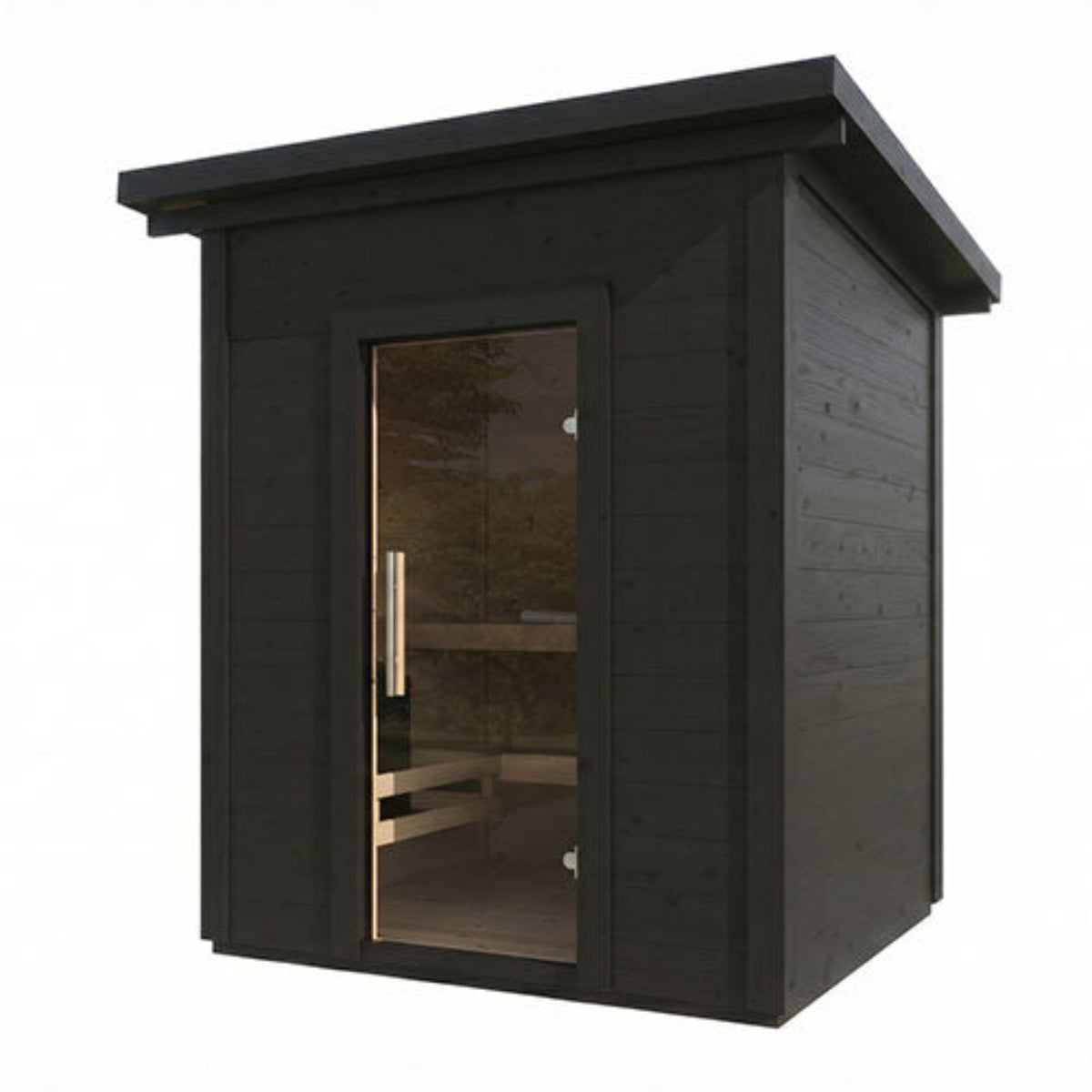 SaunaLife Garden-Series Model G2B Outdoor Garden Sauna with dark charcoal gray wood grain exterior, a glass door, and visible wooden interior benches, shown on a plain white background.
