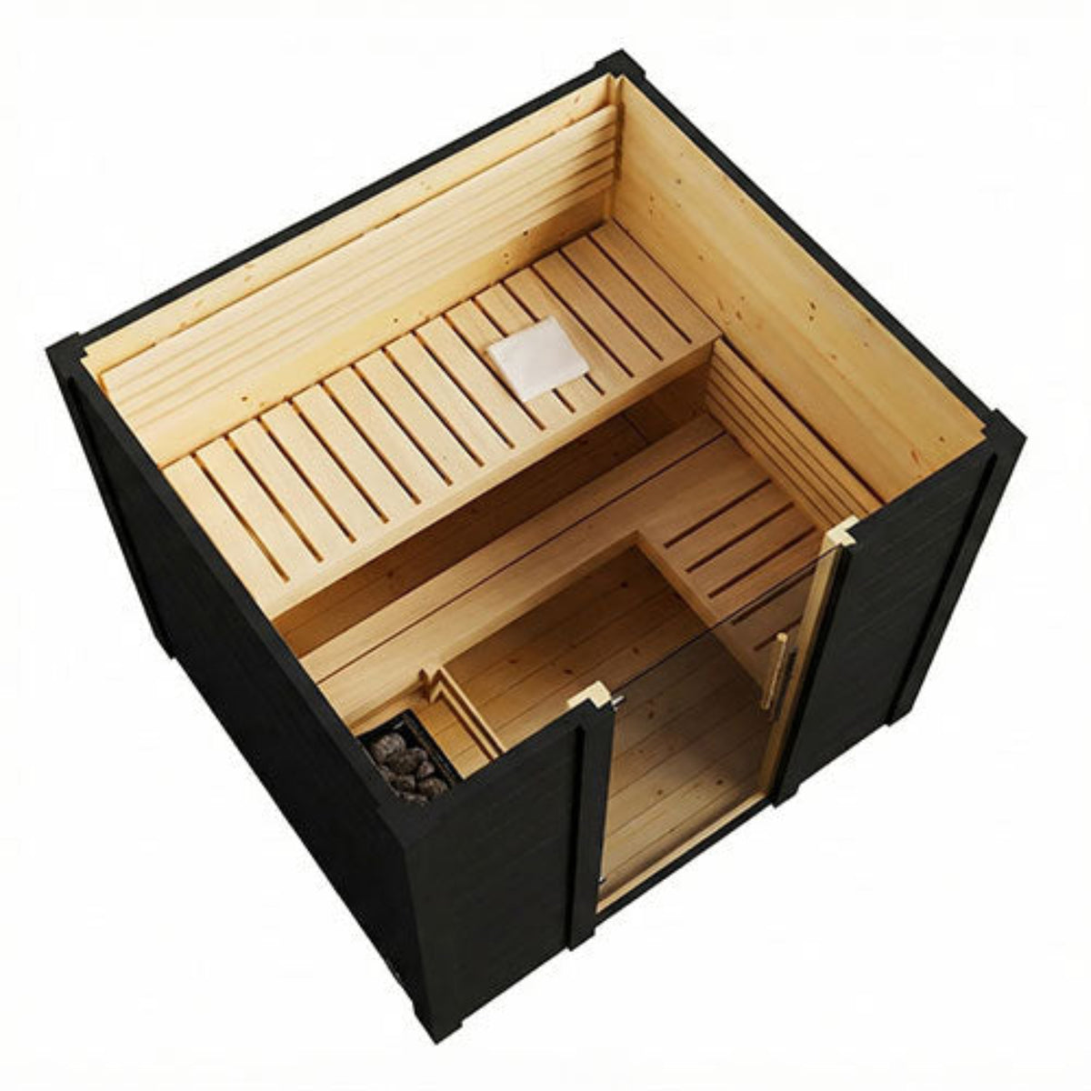 SaunaLife Garden-Series Model G2B Outdoor Garden Sauna shown from an elevated angle, featuring a black exterior frame and natural light wood interior benches, with a small opening at the bottom containing dark stones.