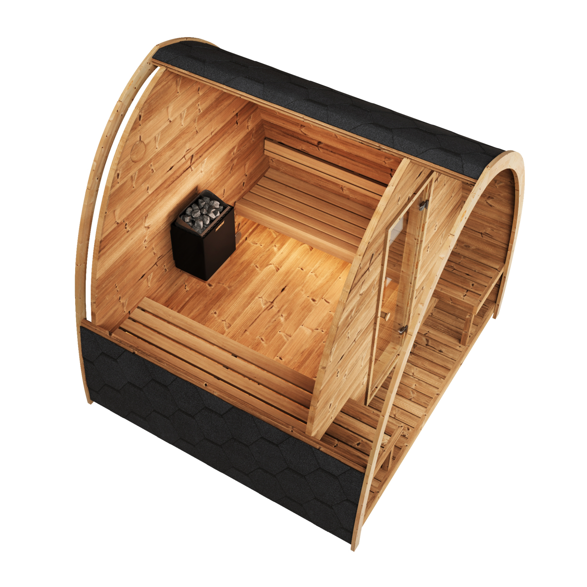 SaunaLife Model G3 Sauna interior – bench seating and Thermo-Pine wood paneling