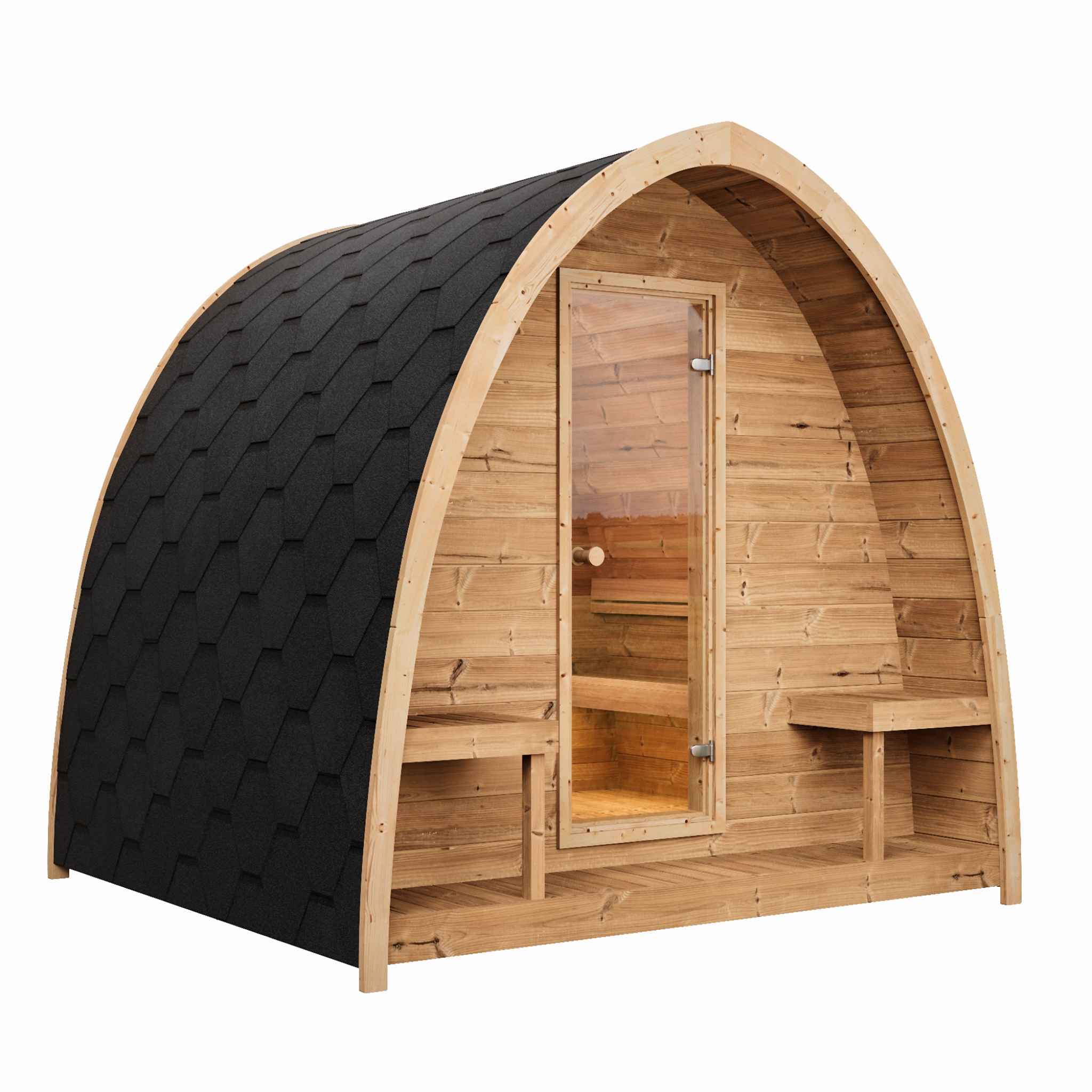 SaunaLife Model G3 Outdoor Sauna – side view showing arched roof profile