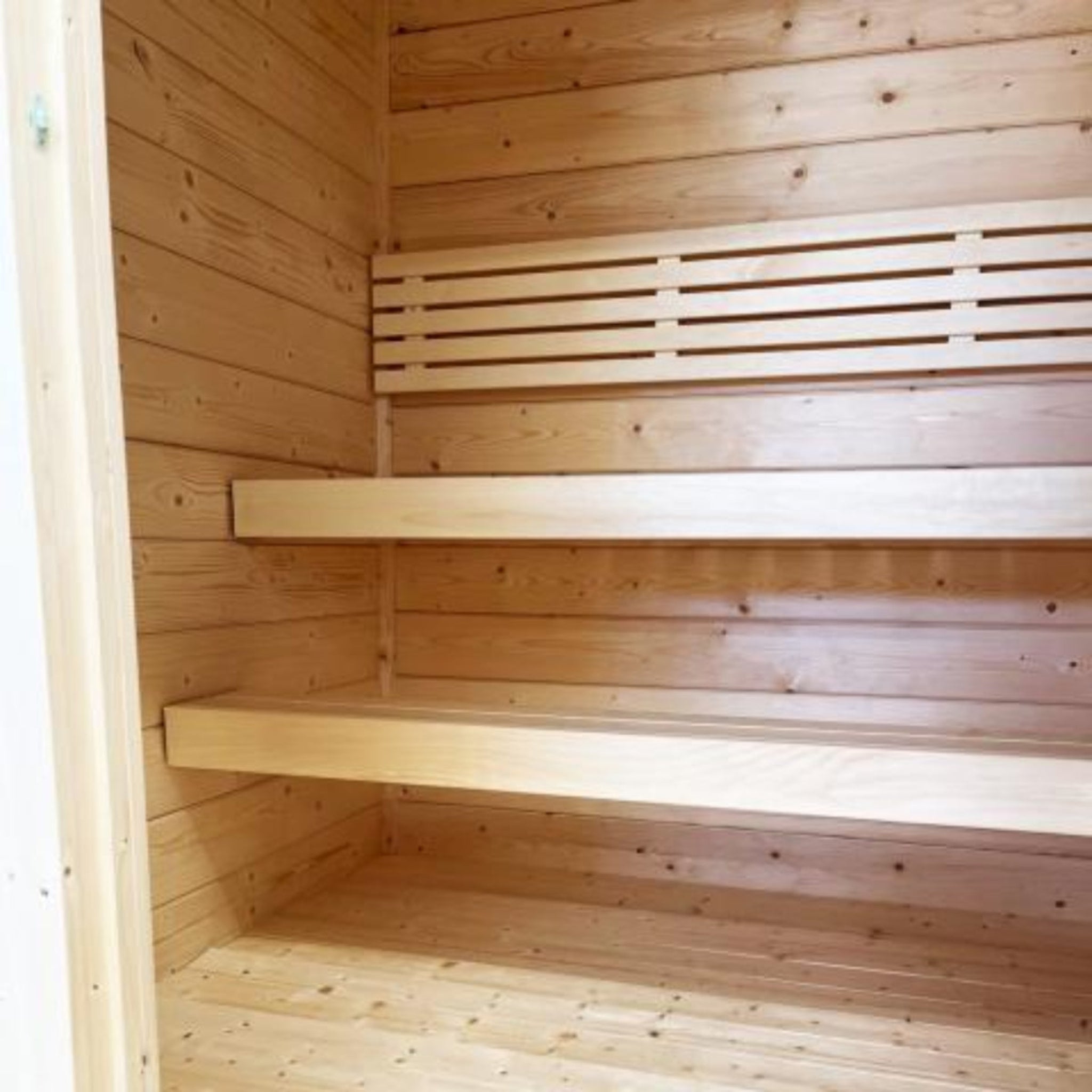 SaunaLife Model G2 outdoor sauna kit inside bench view