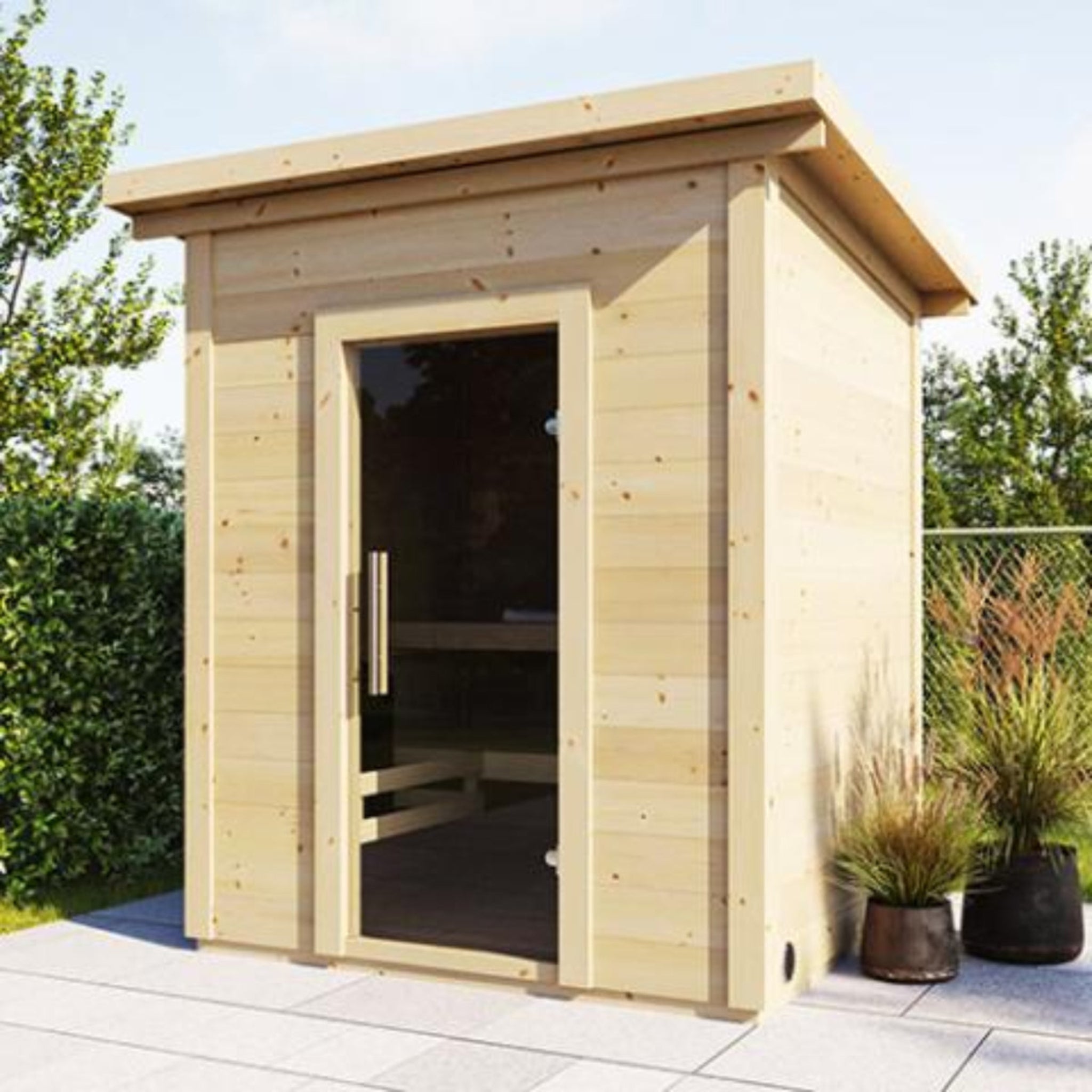 SaunaLife Model G2 outdoor sauna kit front angle lifestyle view