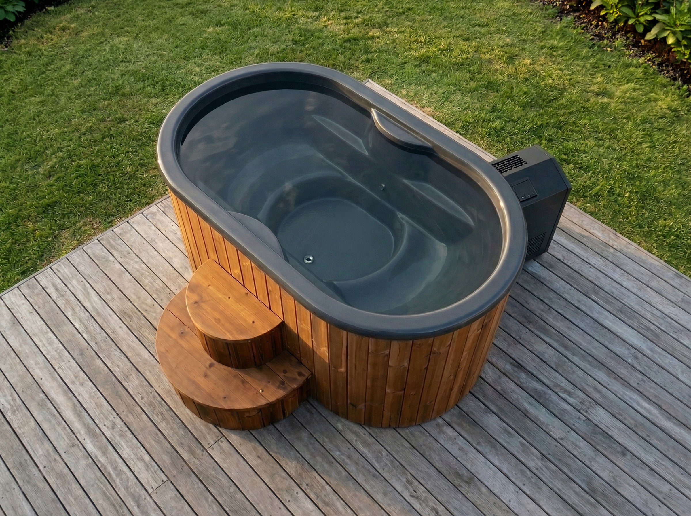 SaunaLife Model S2NC Package hot and cold immersion tub with chiller on a wooden deck.
