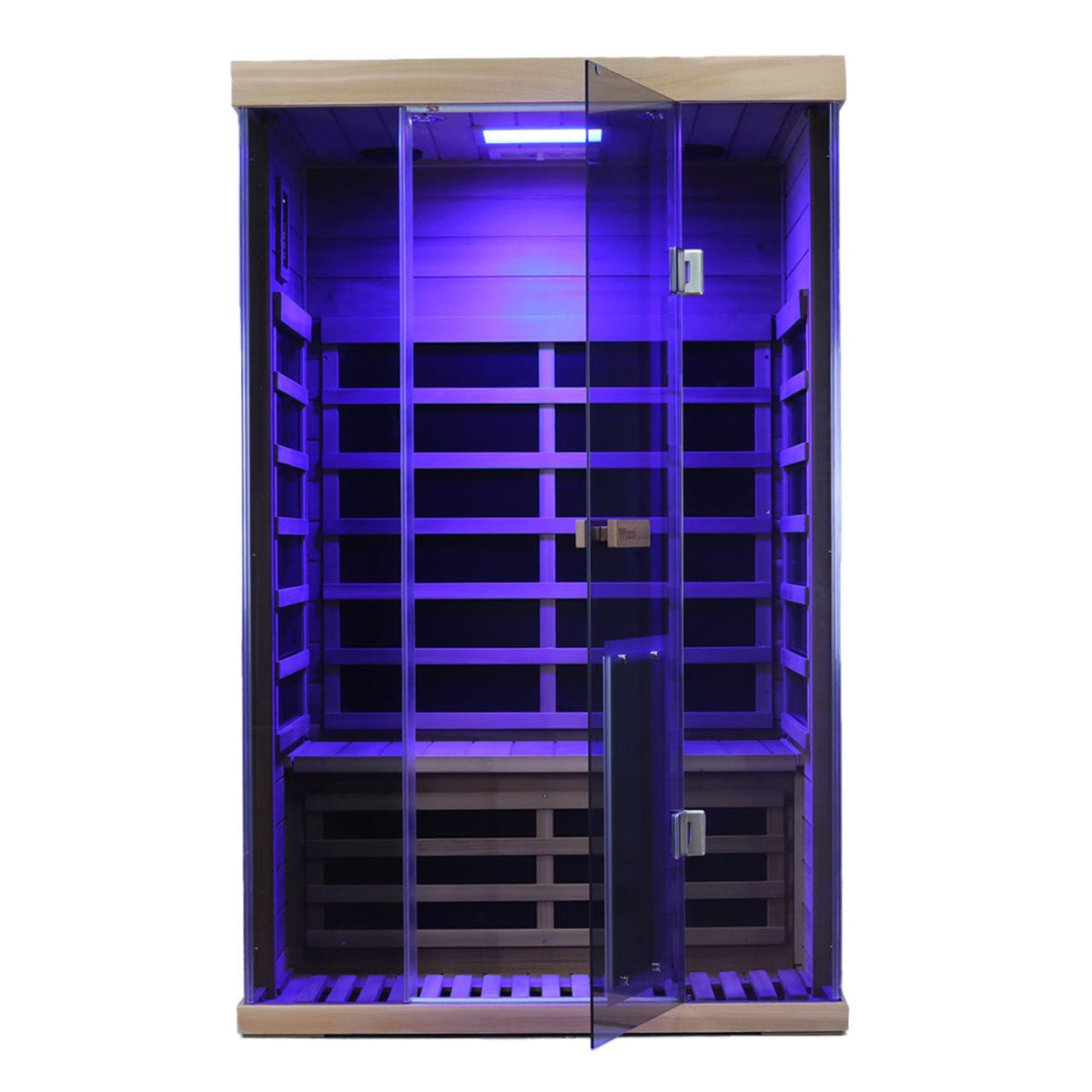 Wizzisaunas SR02 2-person infrared sauna red cedar with a glass door and purple lighting.