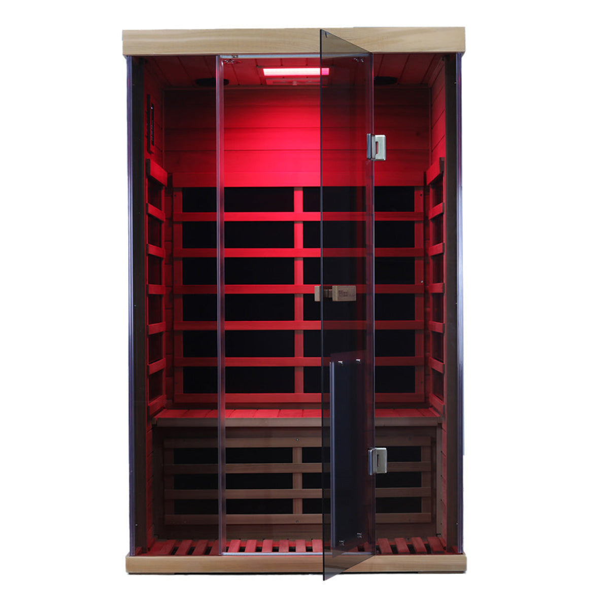 Wizzisaunas SR02 2-person infrared sauna red cedar with glass door and interior red lights.