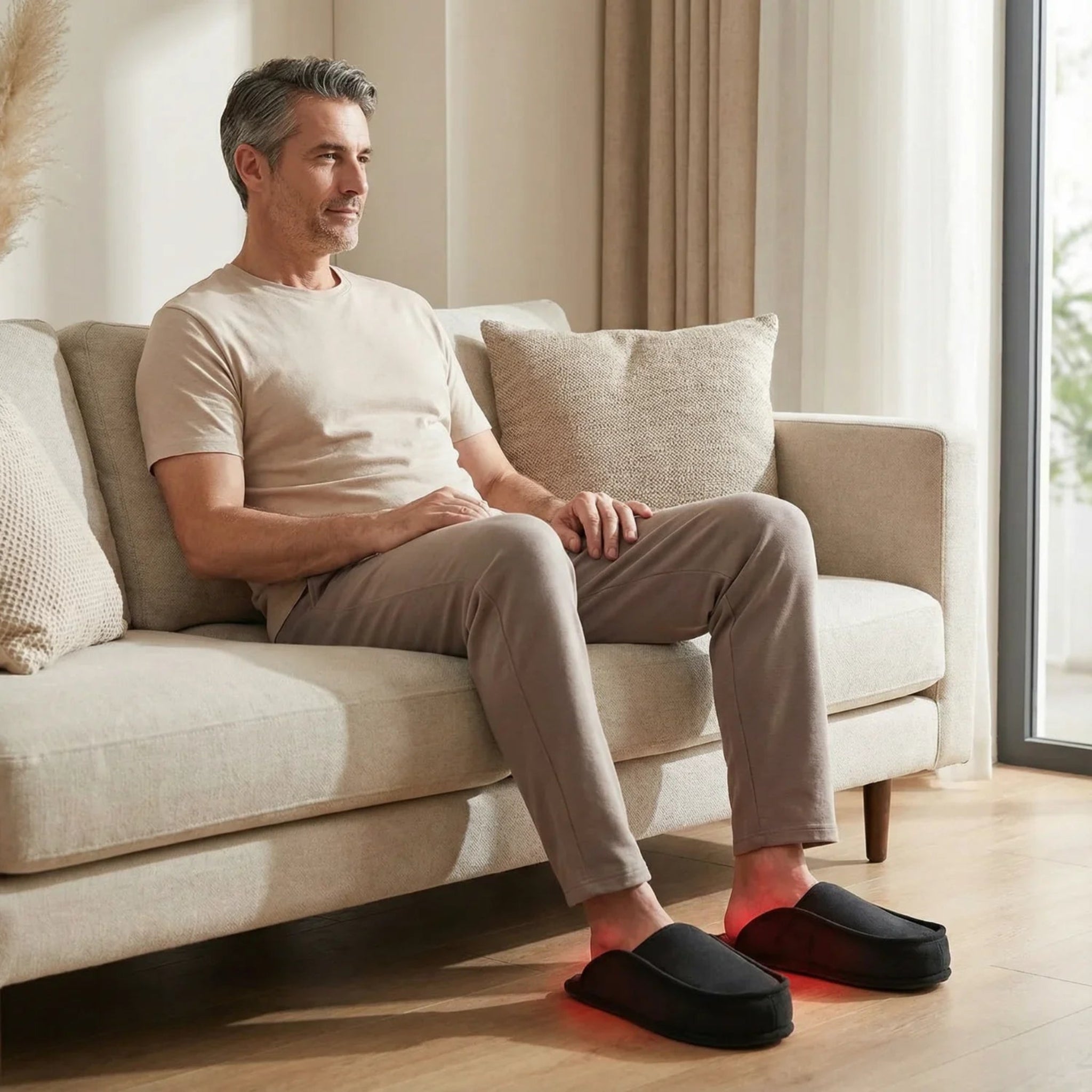Man sitting on a couch wearing black Nicebeam red light therapy slippers in a bright living room.