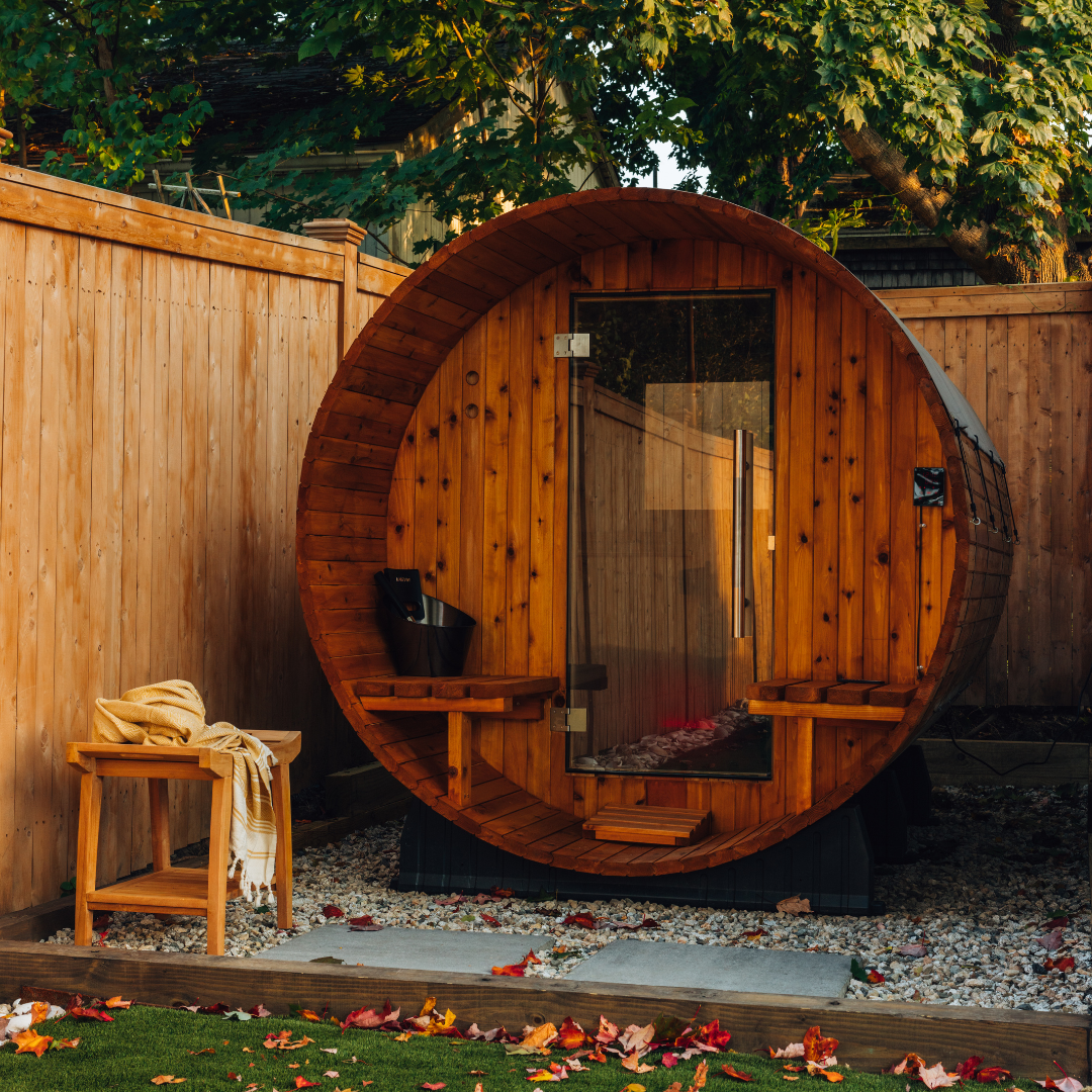 Almost Heaven Vienna 2 Person Canopy Barrel Sauna in a back yard lifestyle