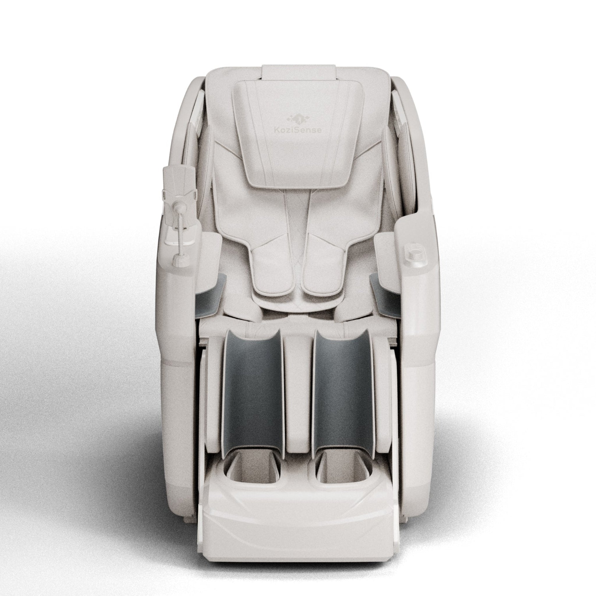 "KoziSense KZ605 4D luxury massage chair in white with SL-track, zero gravity recline, and LED ambient lighting."