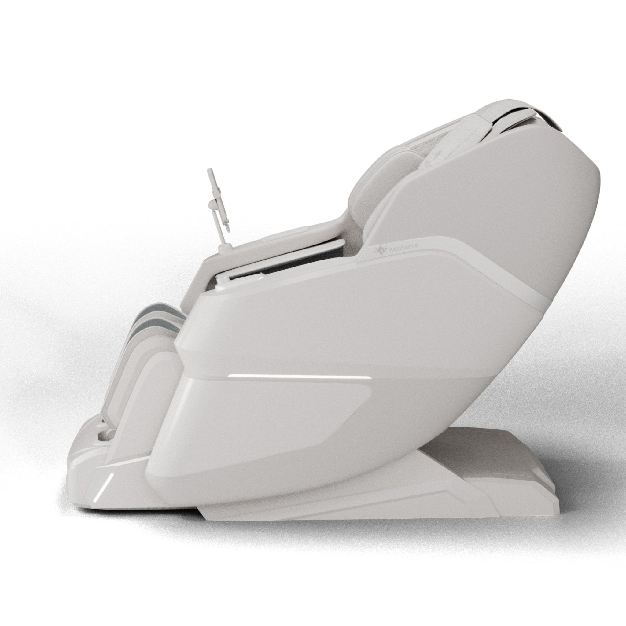 "KoziSense KZ605 4D luxury massage chair in white with SL-track, zero gravity recline, and LED ambient lighting."