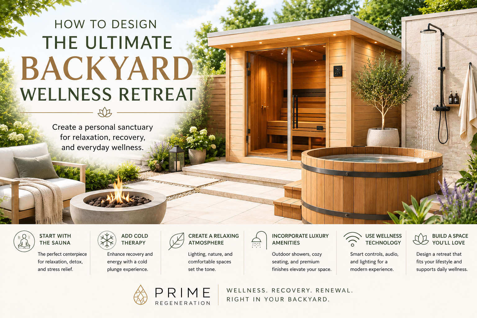Luxury backyard wellness retreat with outdoor barrel sauna, cold plunge, and warm ambient lighting