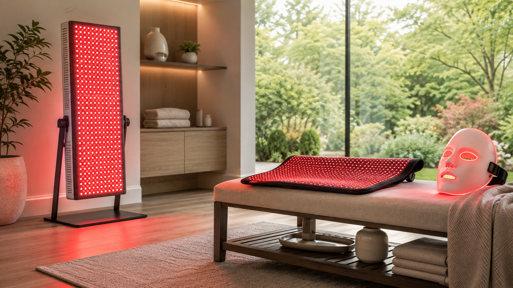 red light therapy devices in a spa roon setting overlooking greenery out a window