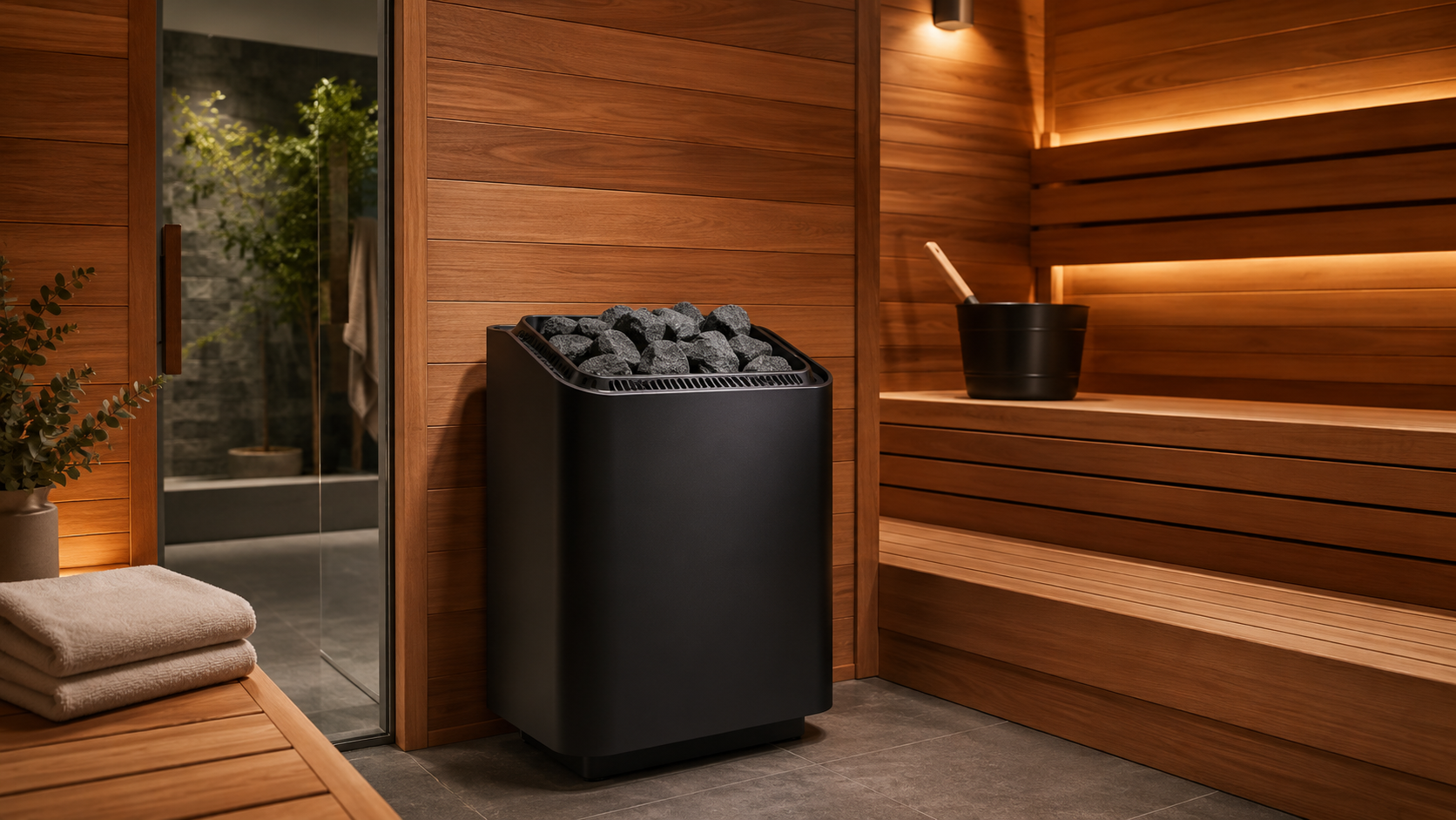 Luxury home sauna interior with wall-mounted electric sauna heater and sauna stones