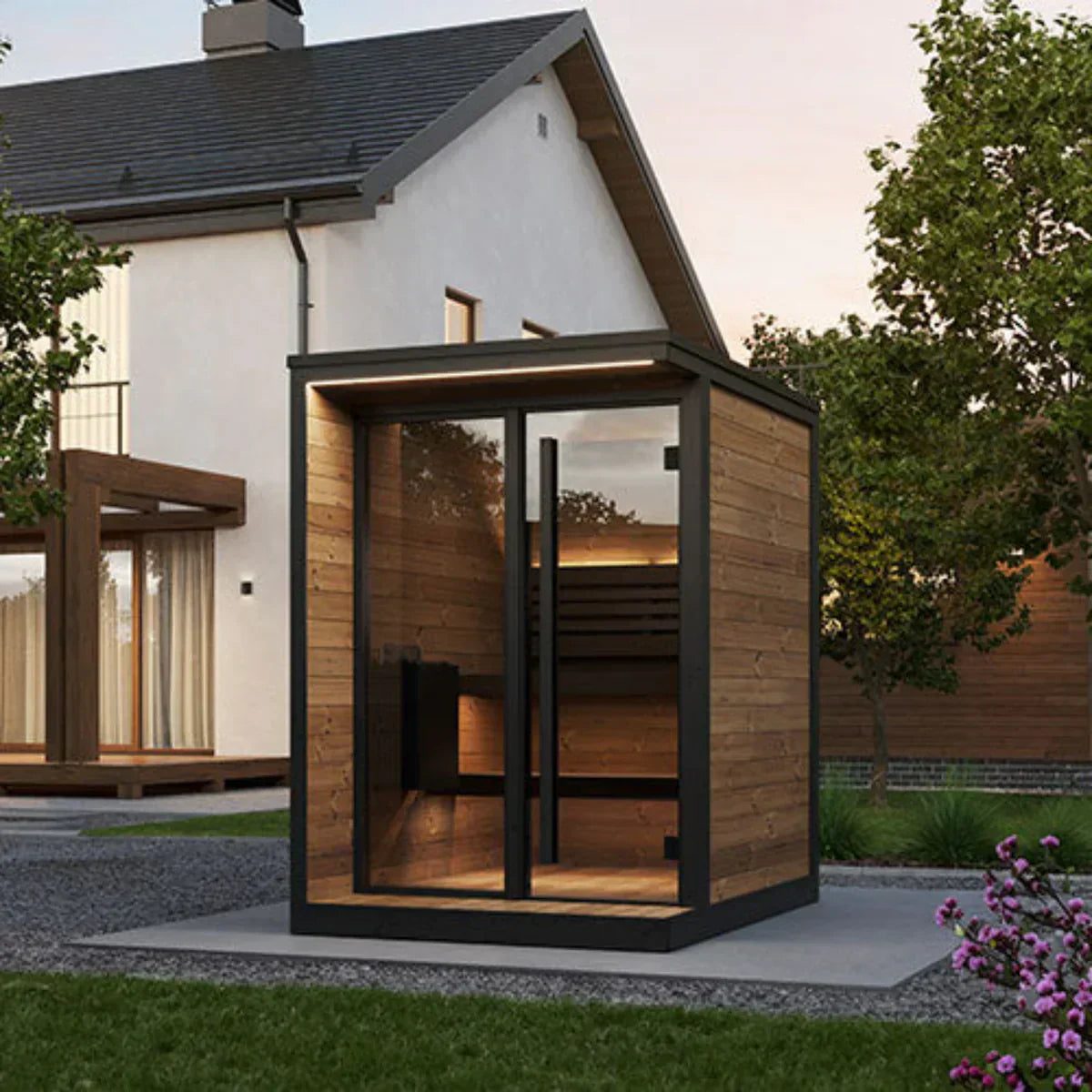 SaunaLife GL4 outdoor sauna cabin kit in a backyard luxury wellness setting
