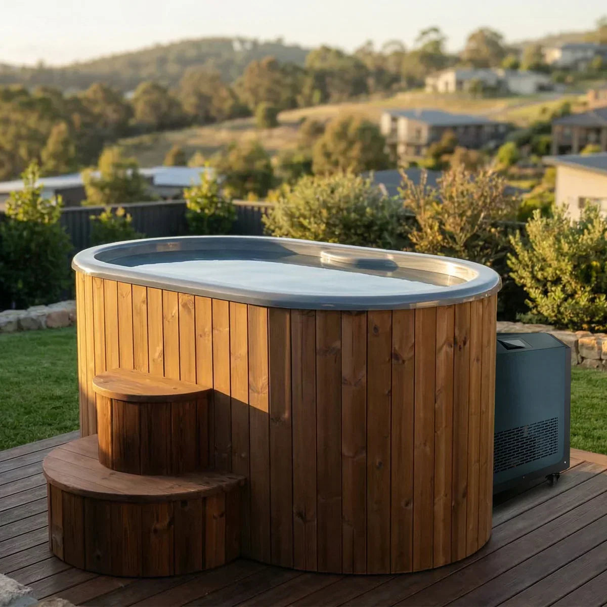 SaunaLife S2N hot and cold immersion tub with natural thermo-pine exterior and AP-1 chiller/heater on an outdoor deck.